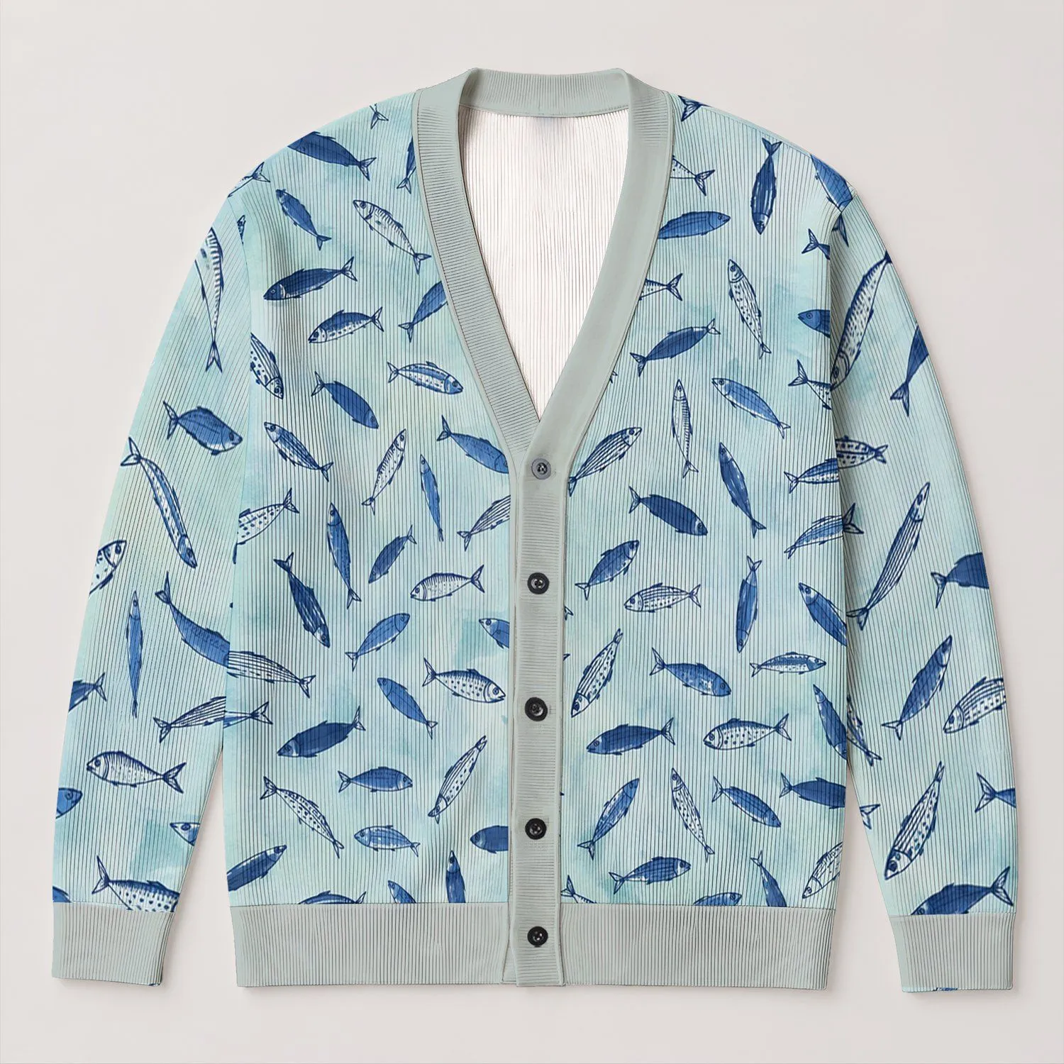 Navy Blue Fish Motif for Coastal Vacation Layering and Autumn Outfits, Women's Style All-over Print Knitted Cardigan - 1