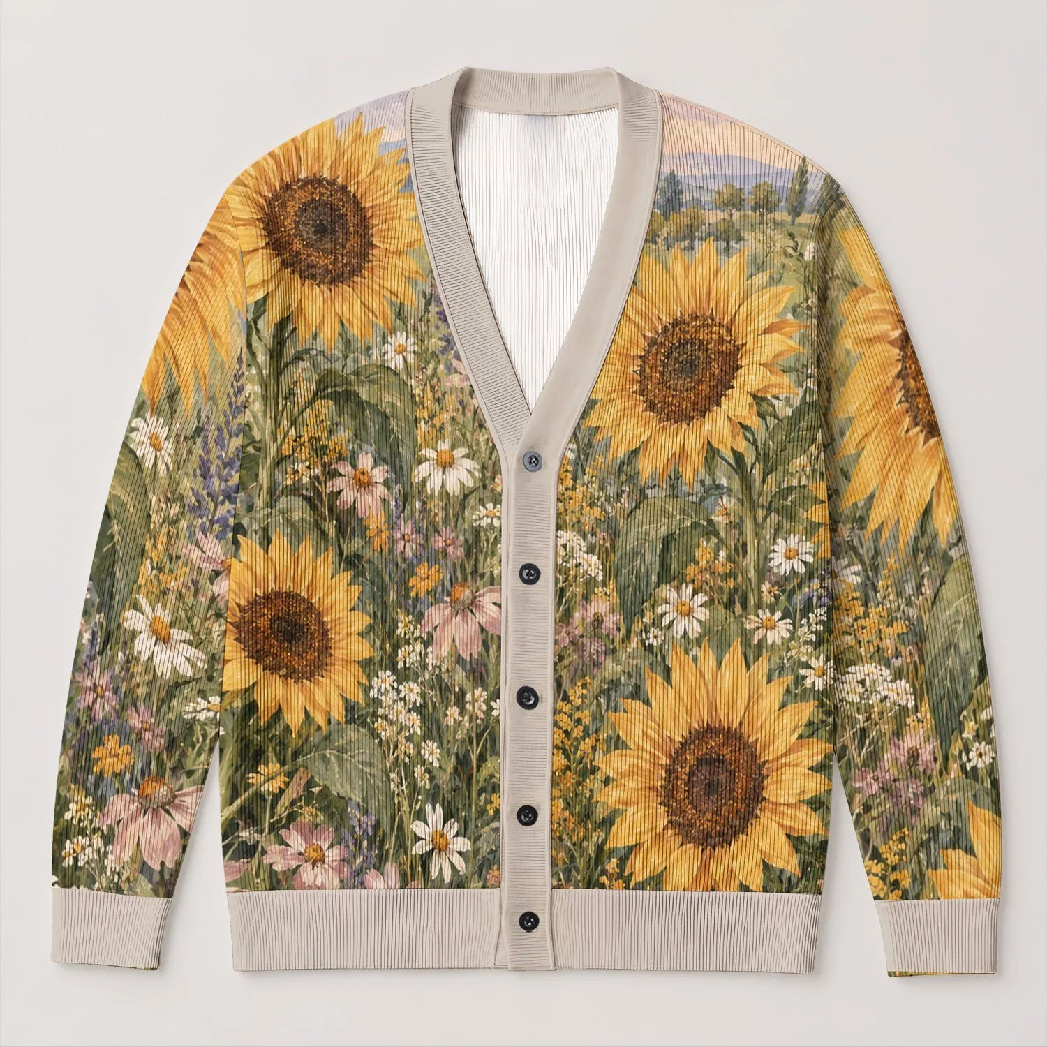 Sunflower Meadow Blooms for Relaxed Autumn Outings and Vacation Style for Women All-over Print Knitted Cardigan - 1