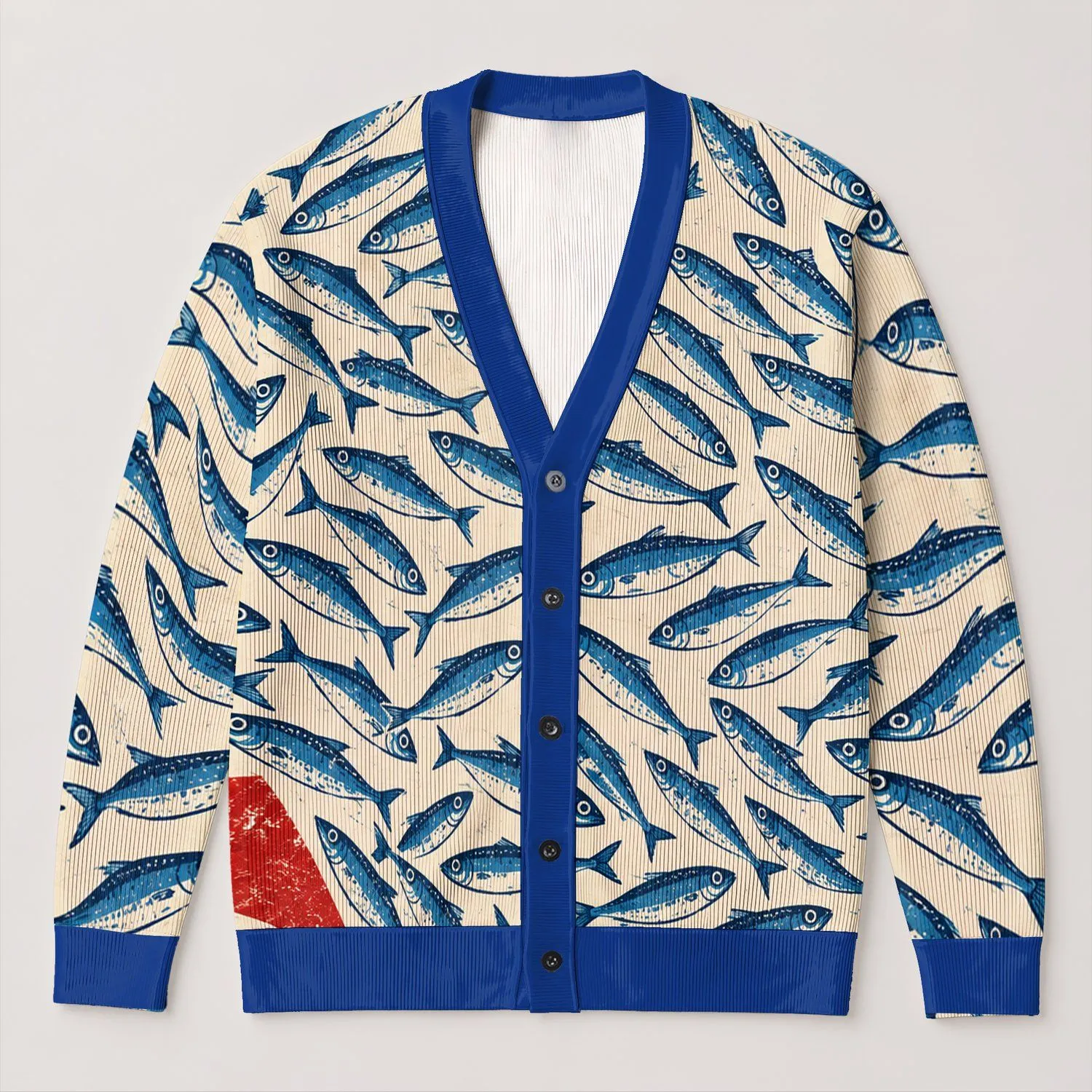 Blue Sardine Motif For Coastal Holiday Layering And Everyday Women's Casual Style All-over Print Knitted Cardigan - 1