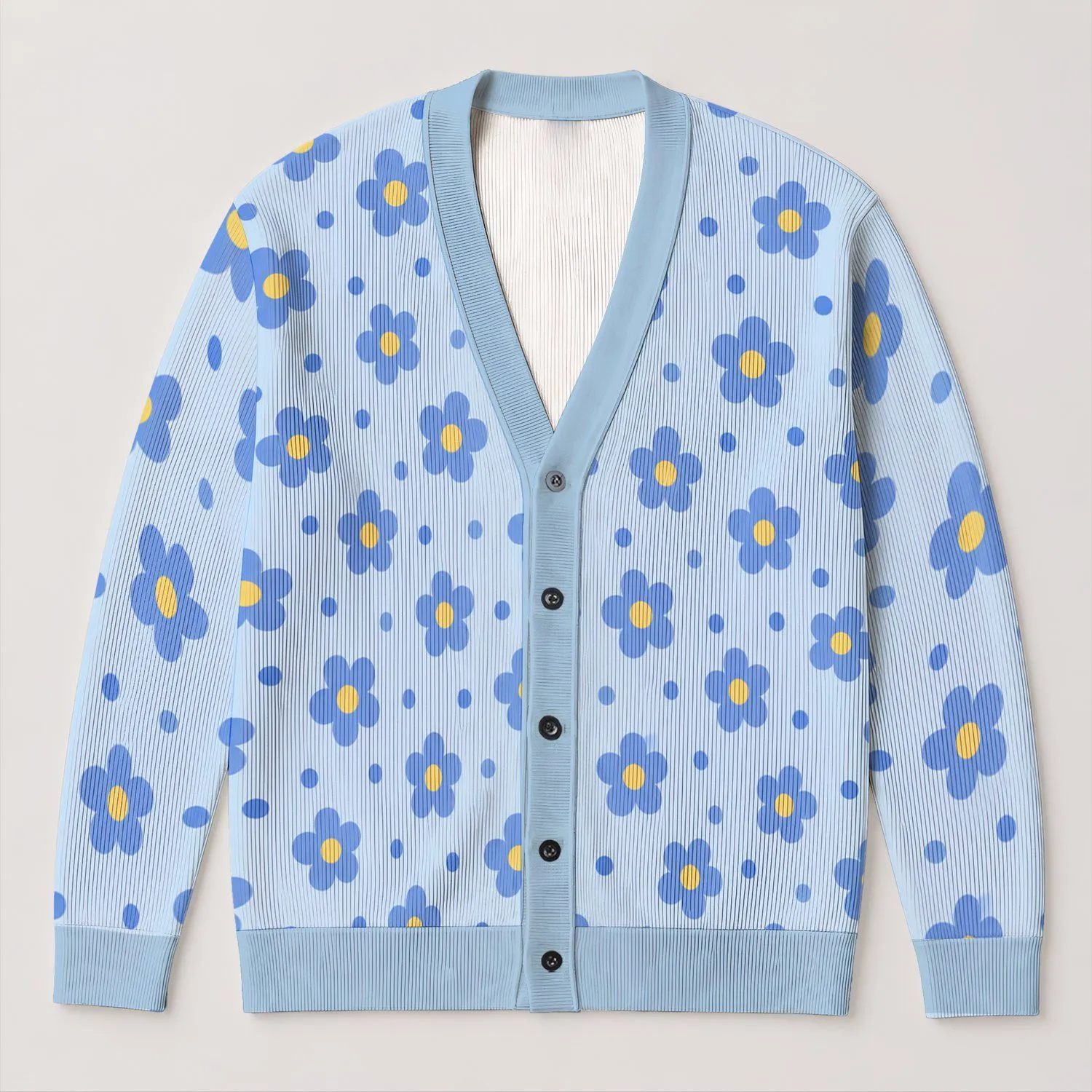 Light Blue Flowers and Dots for Spring Vacation Style, Relaxed Everyday Layering for Women All-over Print Knitted Cardigan - 1