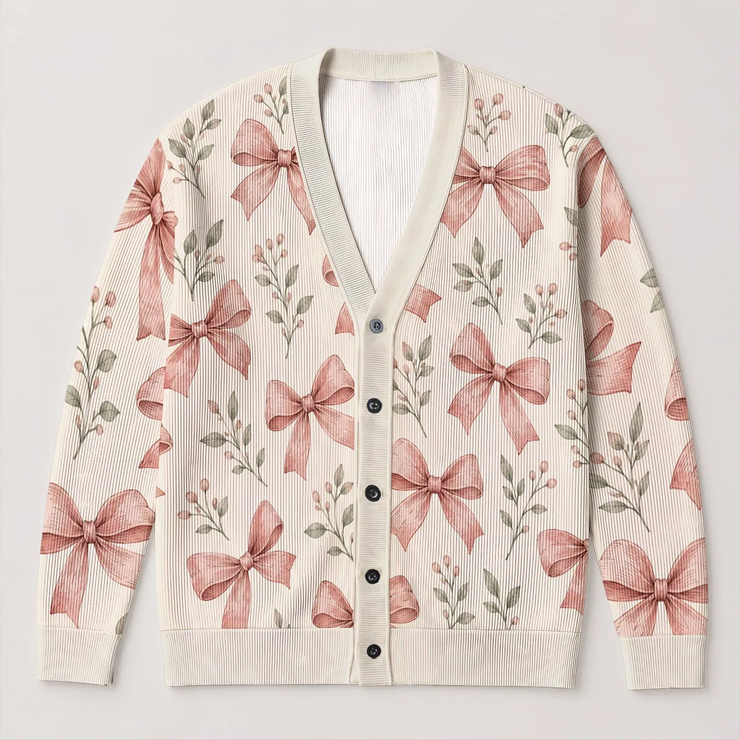 Dusty Rose Bows and Botanical Sprigs for Romantic Spring Vacation Style for Women All-over Print Knitted Cardigan - 1