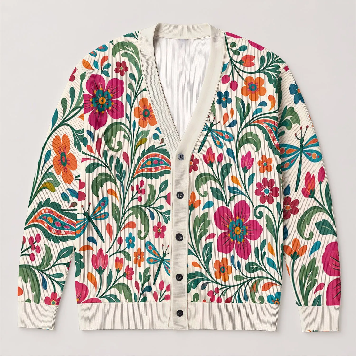 Colorful Floral Dragonfly Motifs for Spring Layering and Plus Size Women’s Daily Style All-over Print Knitted Cardigan - 1