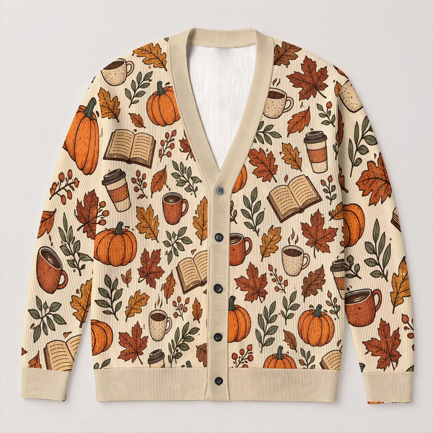 Autumn Pumpkin Coffee Cup Leaves And Books For Cozy Weekend Layering Style For Women All-over Print Knitted Cardigan - 1
