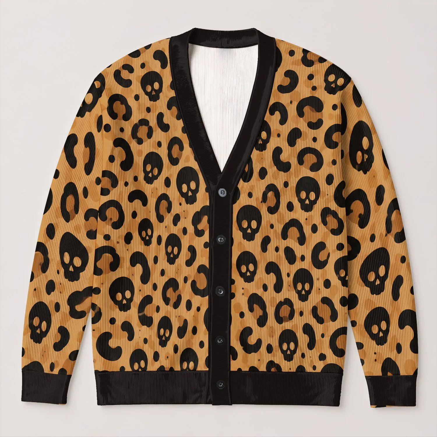 Black Skull And Leopard Motifs For Autumn Layering, Casual Vacation Style For Women All-over Print Knitted Cardigan - 1