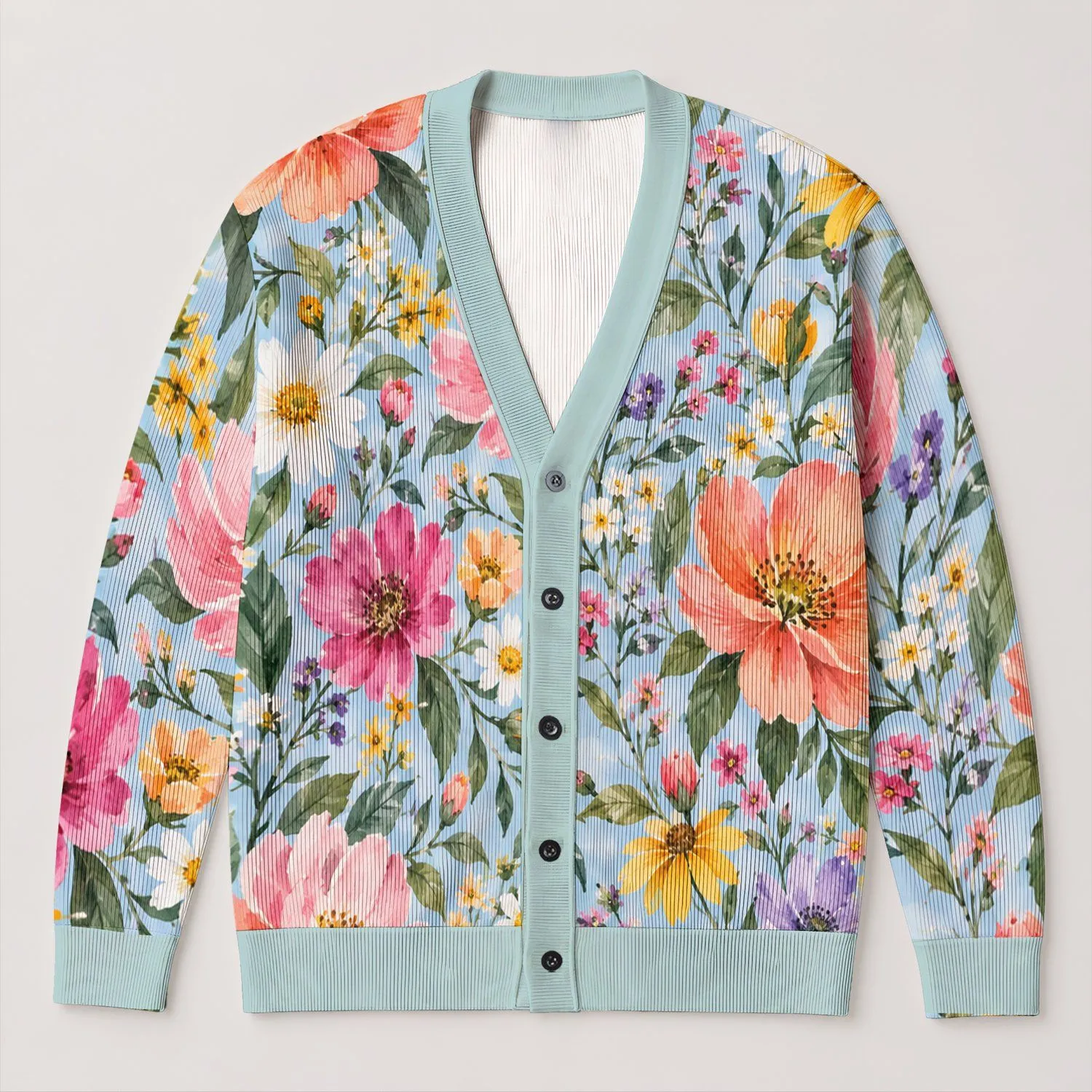 Light Blue Floral Garden for Relaxed Spring Layering, Vacation Days, and Date Nights All-over Print Knitted Cardigan - 1
