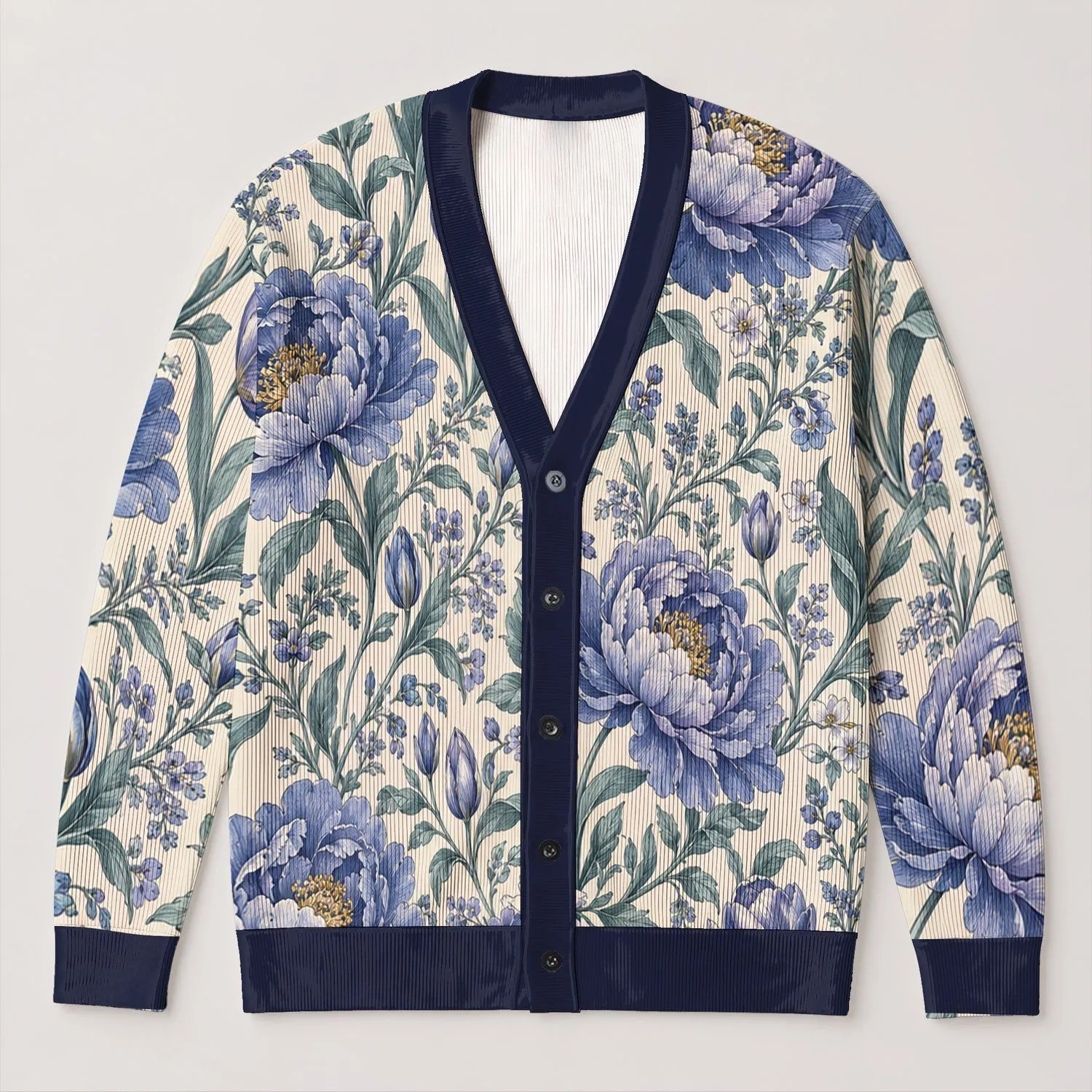 Blue Peony Botanical Blooms for Autumn Layering and Everyday Women’s Garden Wardrobe All-over Print Knitted Cardigan - 1