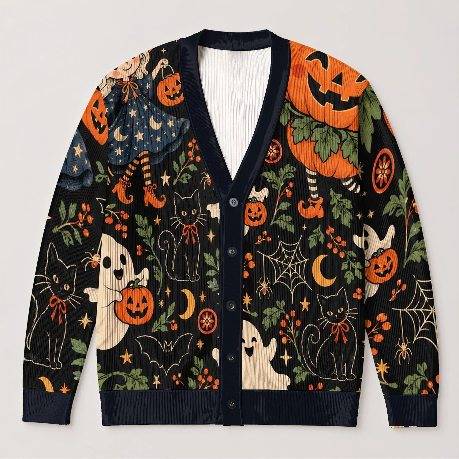 Black Halloween Ghost Pumpkin Candy Corn Witch Style For Cozy Autumn Weekend Wear All-over Print Knitted Cardigan - 1