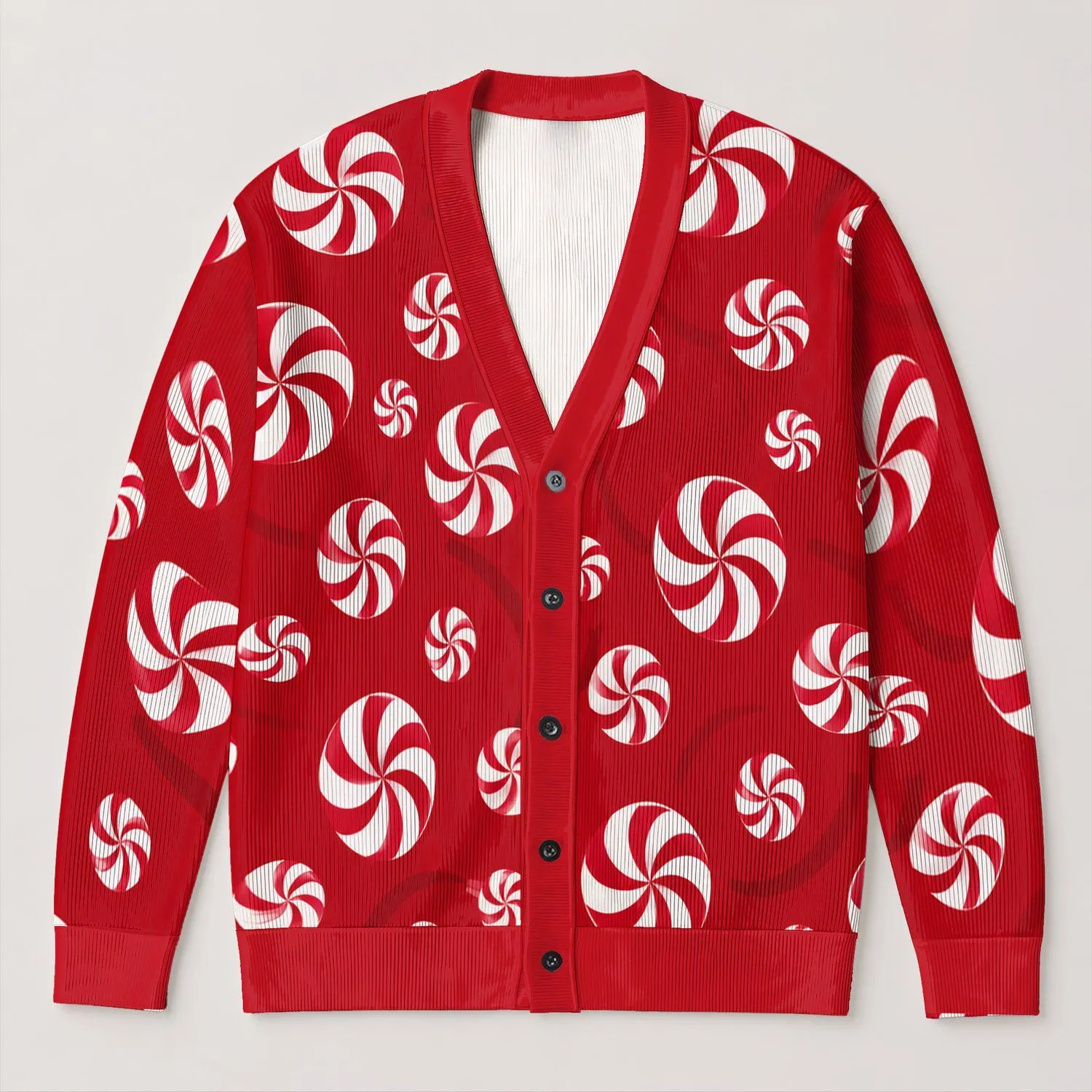 Red Peppermint Candy Swirls for Festive Holiday Layering and Everyday Winter Cheer All-over Print Knitted Cardigan - 1