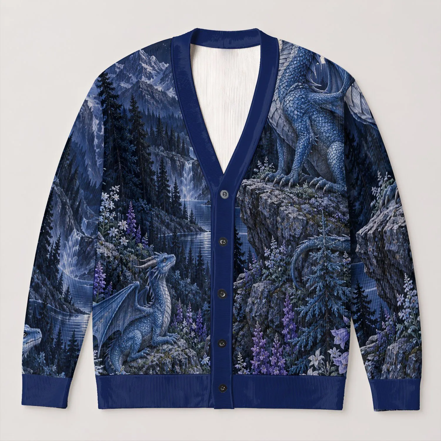 Blue Dragon Moonlit Wildflower Scene For Gothic Autumn Layering And Fantasy Lovers All-over Print Knitted Cardigan - 1