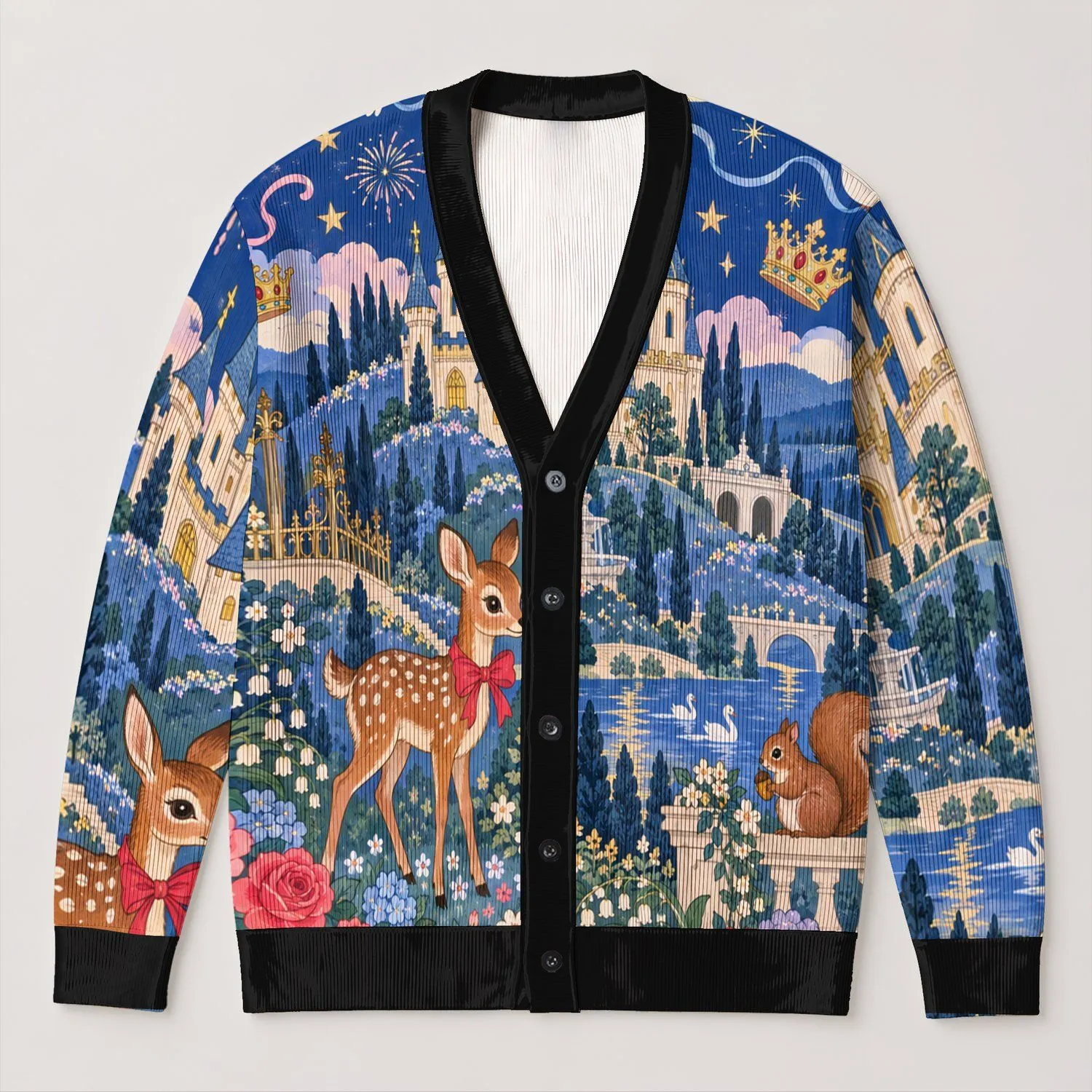 Fairytale Castle and Deer Gift For Her, Whimsical Everyday Layering For Storybook Fans All-over Print Knitted Cardigan - 1