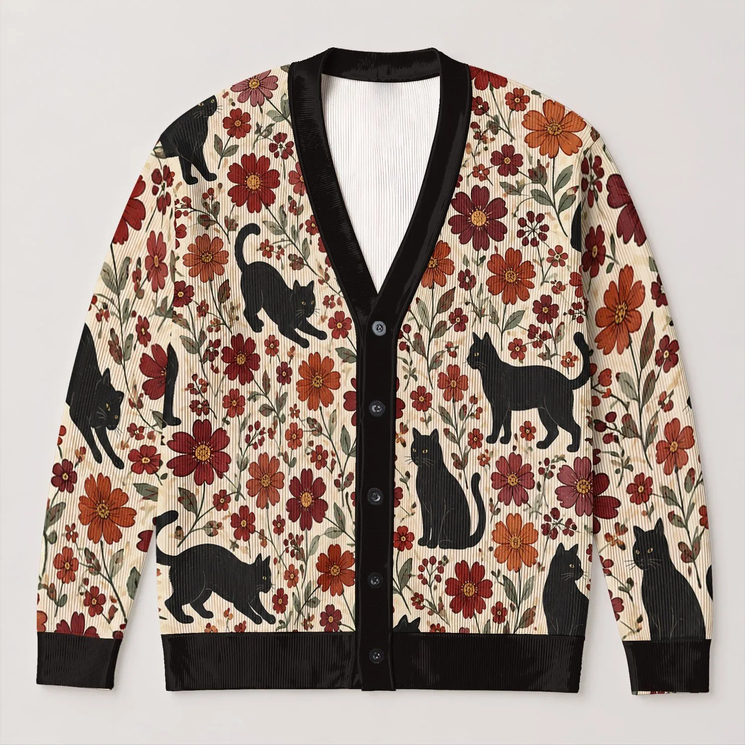 Black Cat And Wildflower Motifs For Cozy Everyday Layering, Gifts For Cat Lovers At Home All-over Print Knitted Cardigan - 1