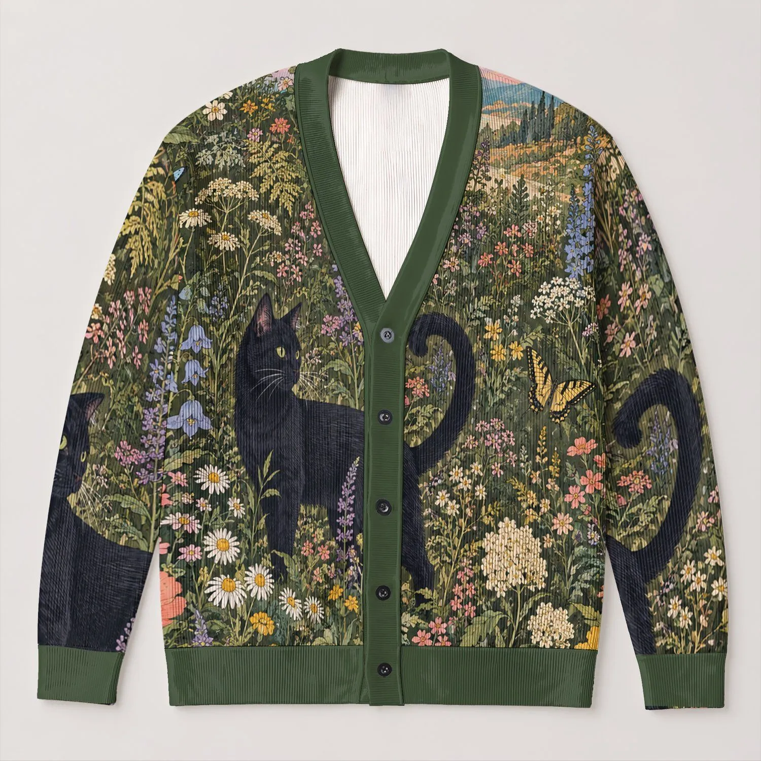 Pastel Cat Meadow for Spring Beach Layering and Casual Dates, Women's Bohemian Style All-over Print Knitted Cardigan - 1