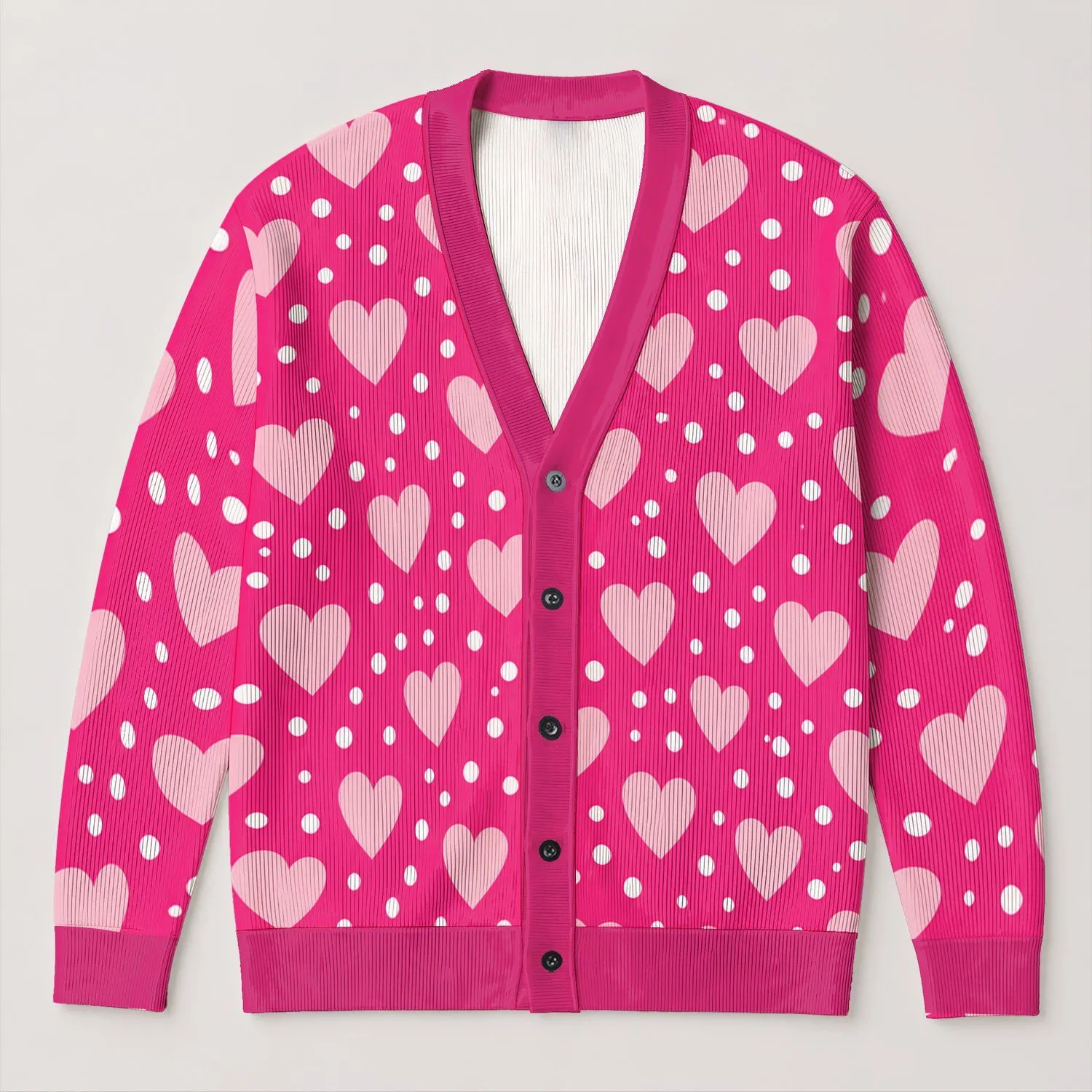 Bright Pink Heart Polka Dots For Playful Spring Layering And Everyday Casual Style All-over Print Knitted Cardigan - 1