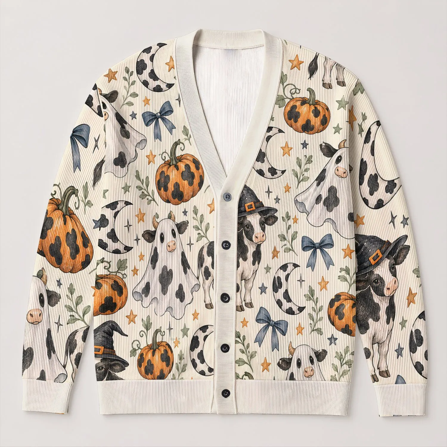Spotted Cow Ghosts, Witch Hats And Pumpkin Moons For Playful Halloween Layering Outfits All-over Print Knitted Cardigan - 1