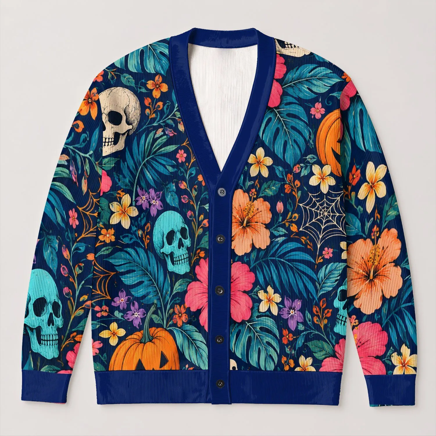 Spooky Pumpkin Skull Floral Motifs For Halloween Parties And Cozy Fall Style Women All-over Print Knitted Cardigan - 1