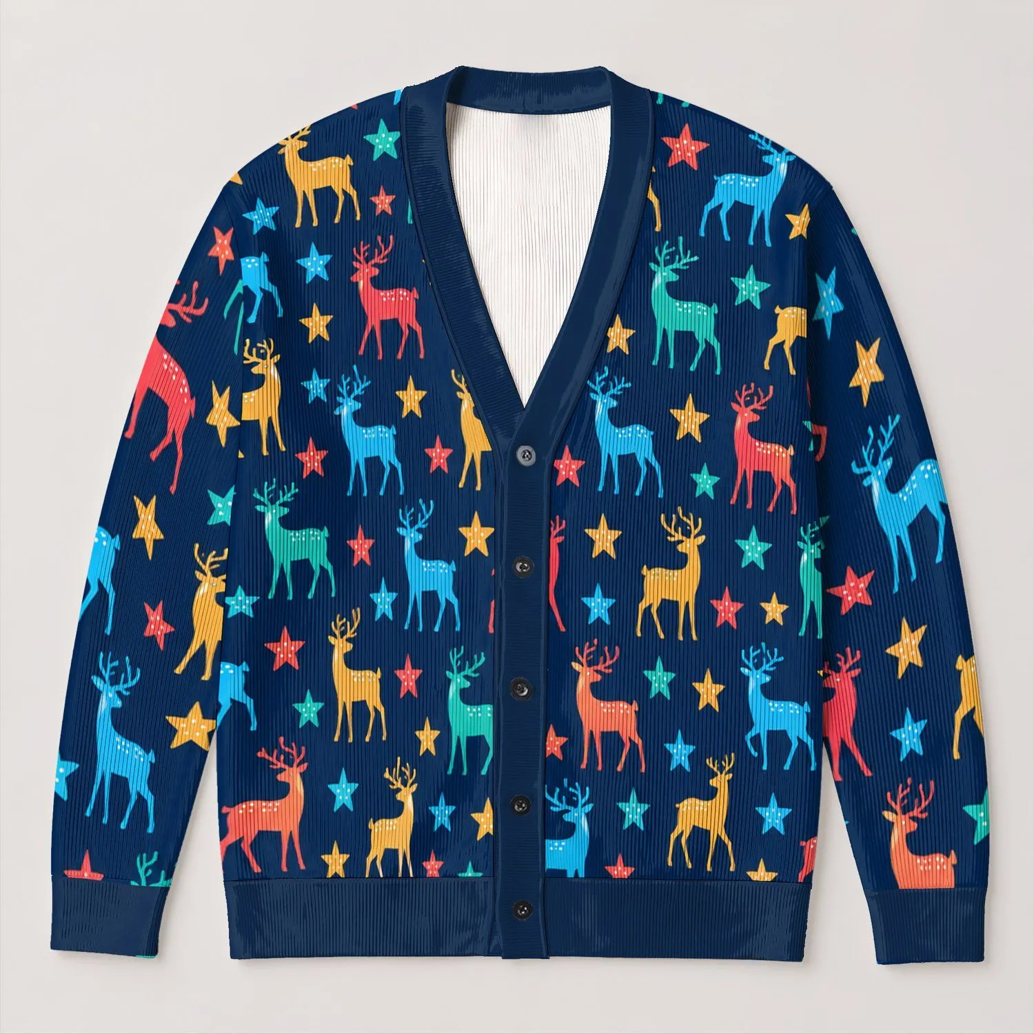 Colorful Reindeer And Star Holiday Motif For Cozy Winter Outfits For Women Plus Size All-over Print Knitted Cardigan - 1