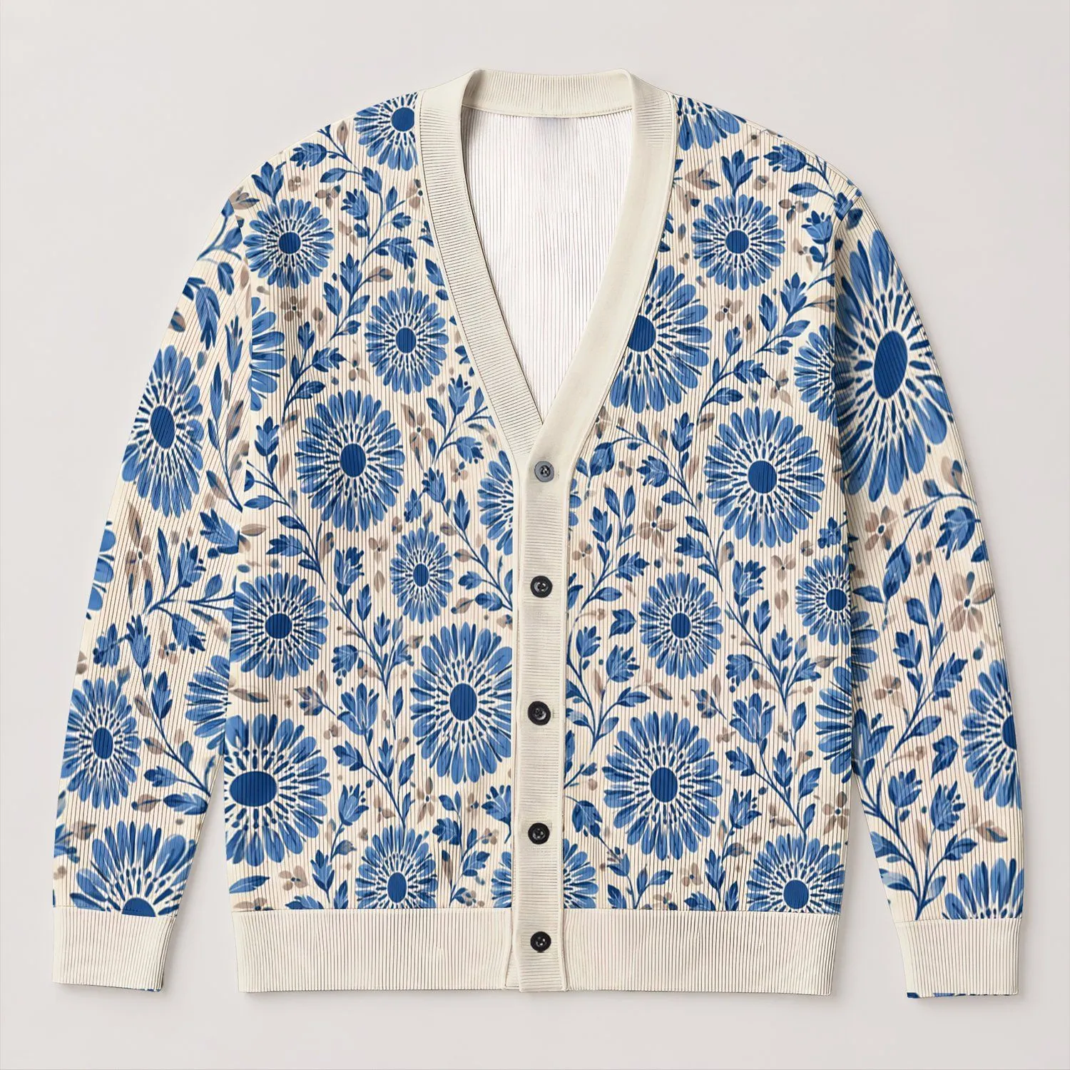Blue Floral Boho Layering for Beach Vacations and Dates, Women's Easygoing Style All-over Print Knitted Cardigan - 1
