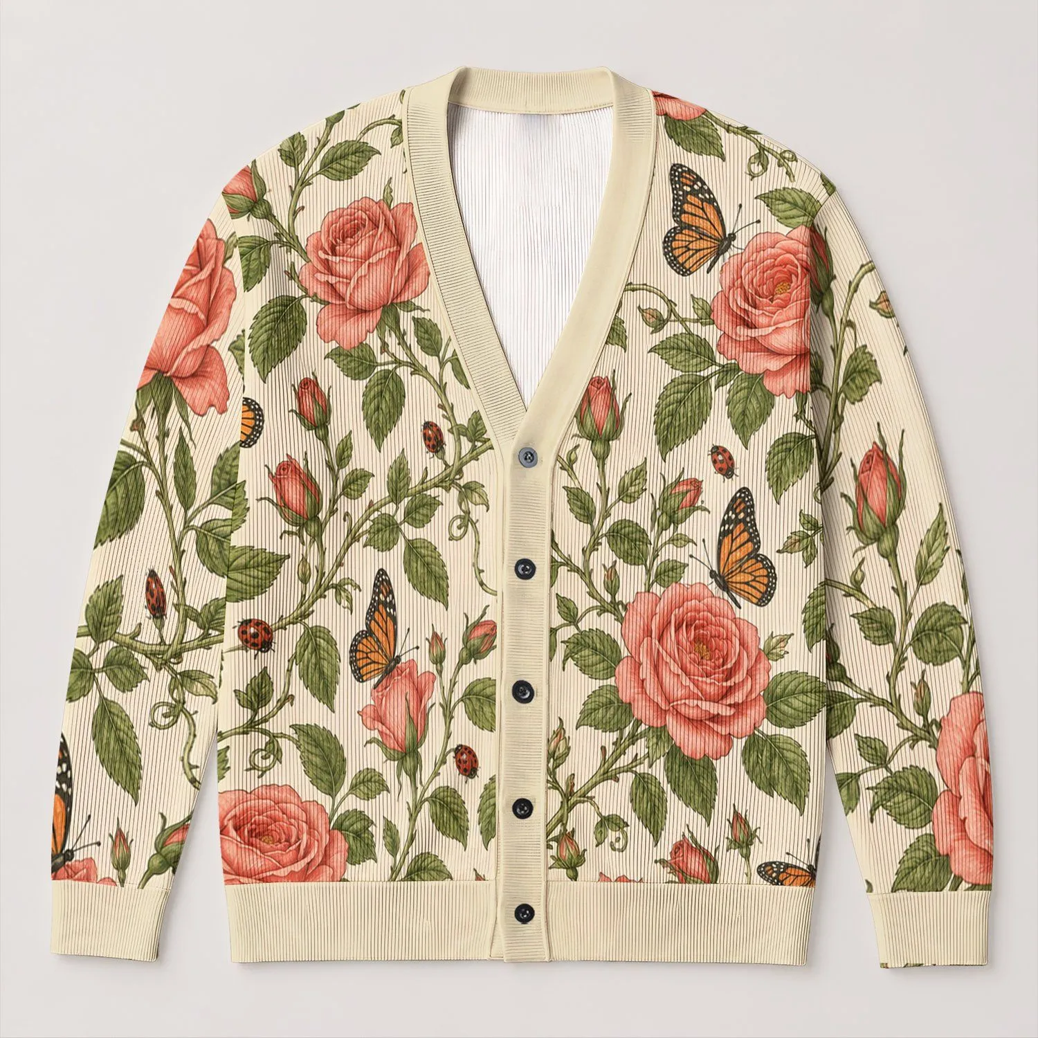 Vintage Rose Butterfly Garden Motif For Cozy Fall Outings And Everyday Layering For Women All-over Print Knitted Cardigan - 1