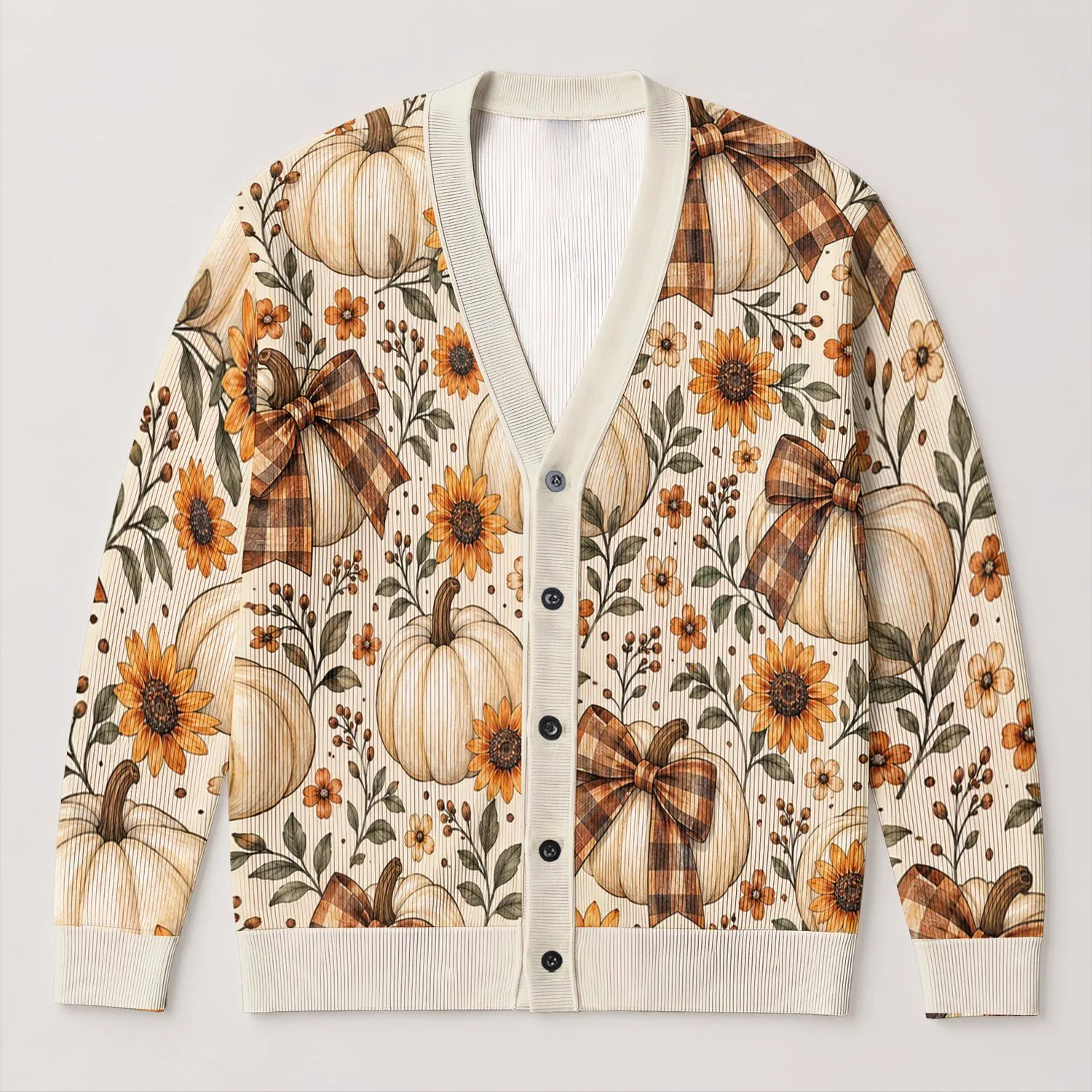 Pumpkin Bow Sunflower Autumn Style for Halloween and Thanksgiving Women’s Wear All-over Print Knitted Cardigan - 1