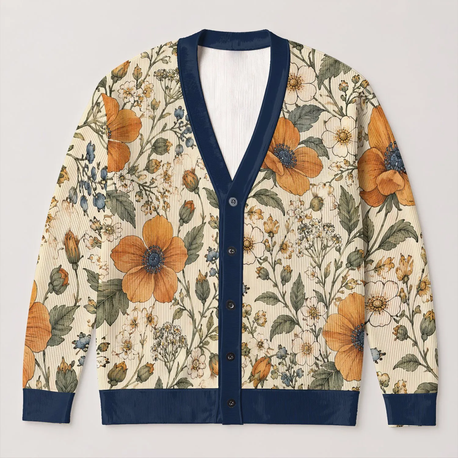 Sunflower And Blue Flower Botanical Motif For Autumn Layering, Women’s Casual Style All-over Print Knitted Cardigan - 1