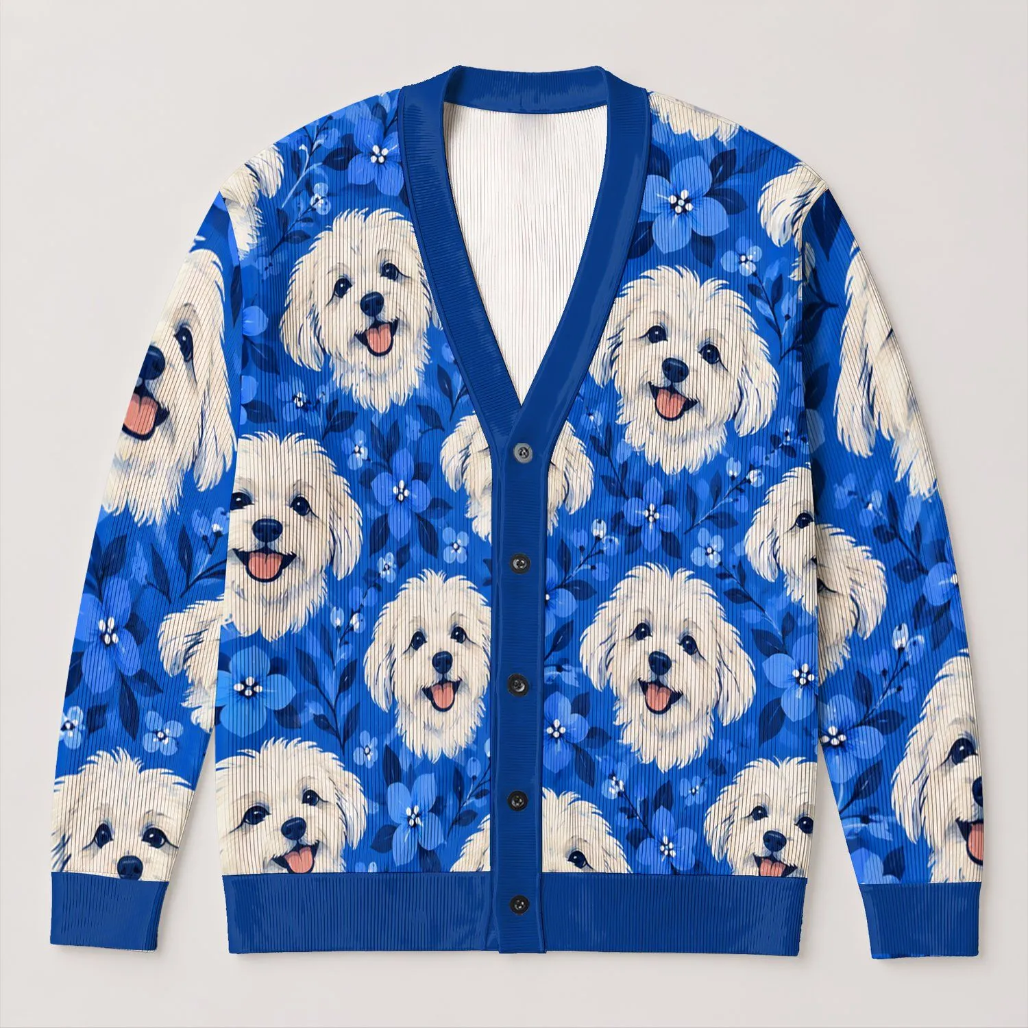 Fluffy White Dog Faces With Blue Flowers For Playful Halloween Gatherings And Casual Days All-over Print Knitted Cardigan - 1