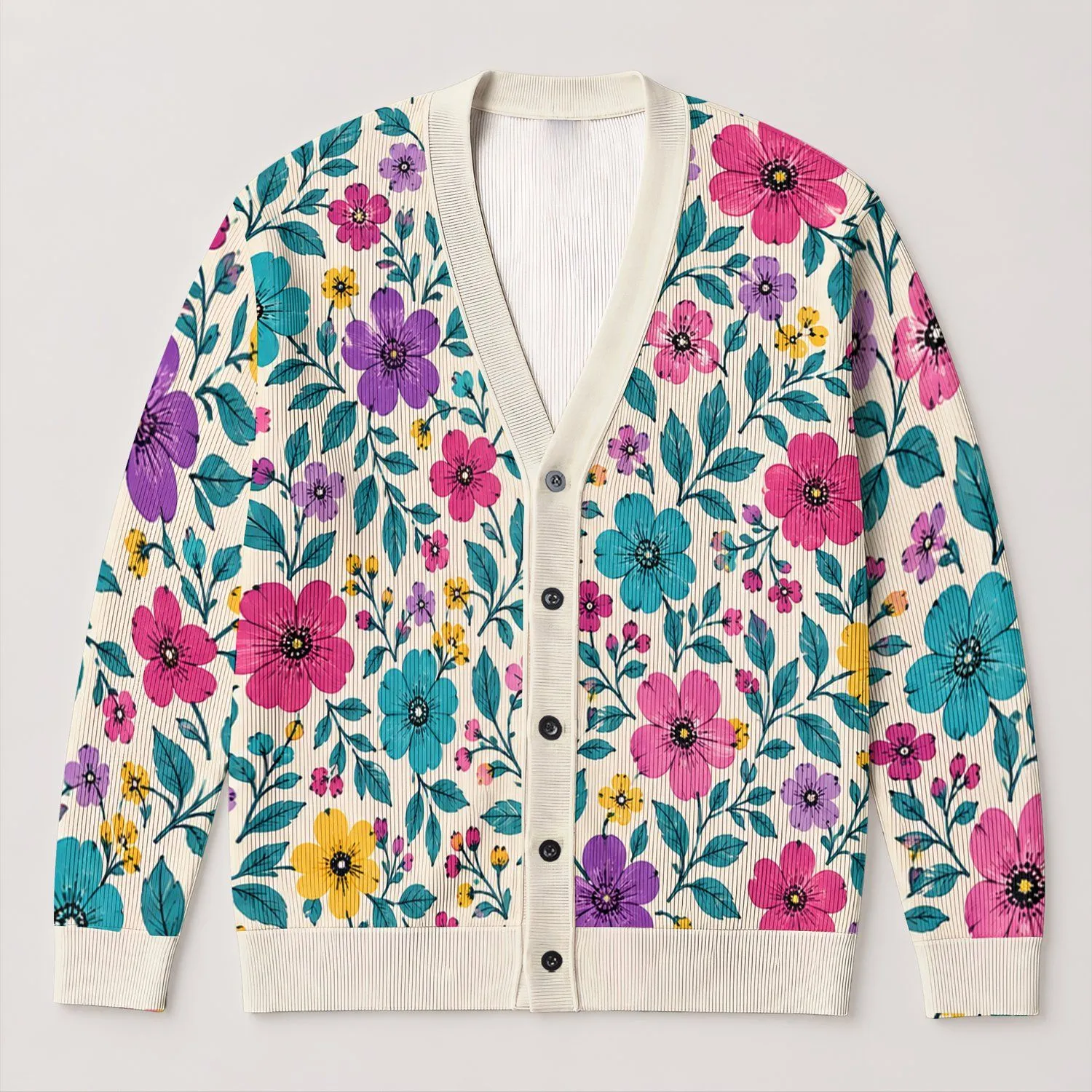 Colorful Floral Garden Motifs for Vacation Layering and Everyday Spring Outings for Her All-over Print Knitted Cardigan - 1