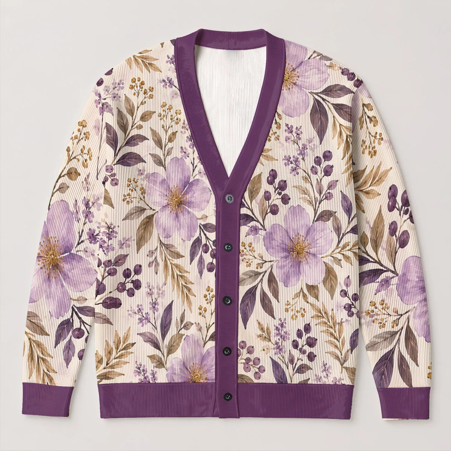 Lavender Wildflower Botanical Bloom for Relaxed Everyday Layering and Weekend Style All-over Print Knitted Cardigan - 1