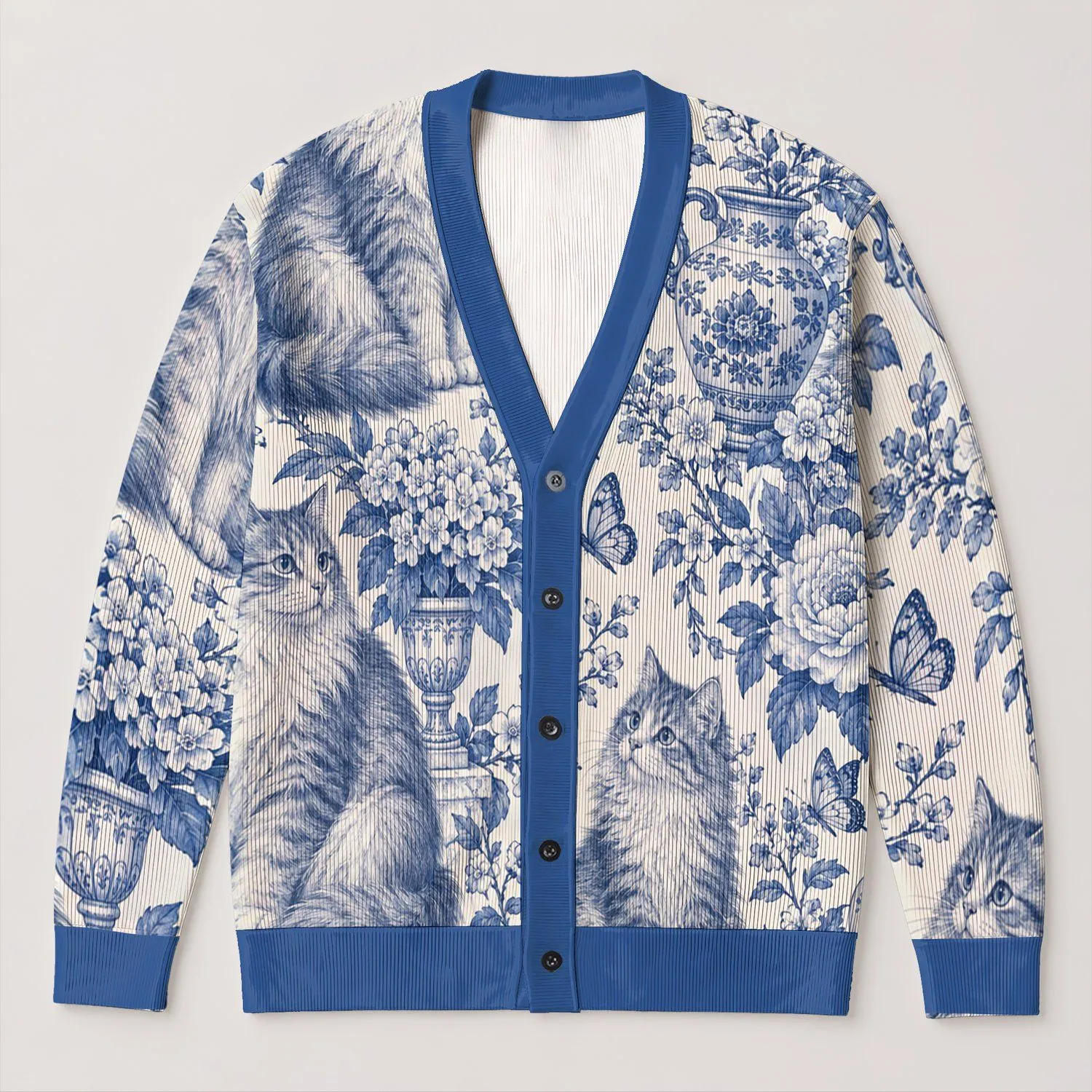 Blue Porcelain Cats and Floral Vignettes for Everyday Layering and Weekend Outings All-over Print Knitted Cardigan - 1