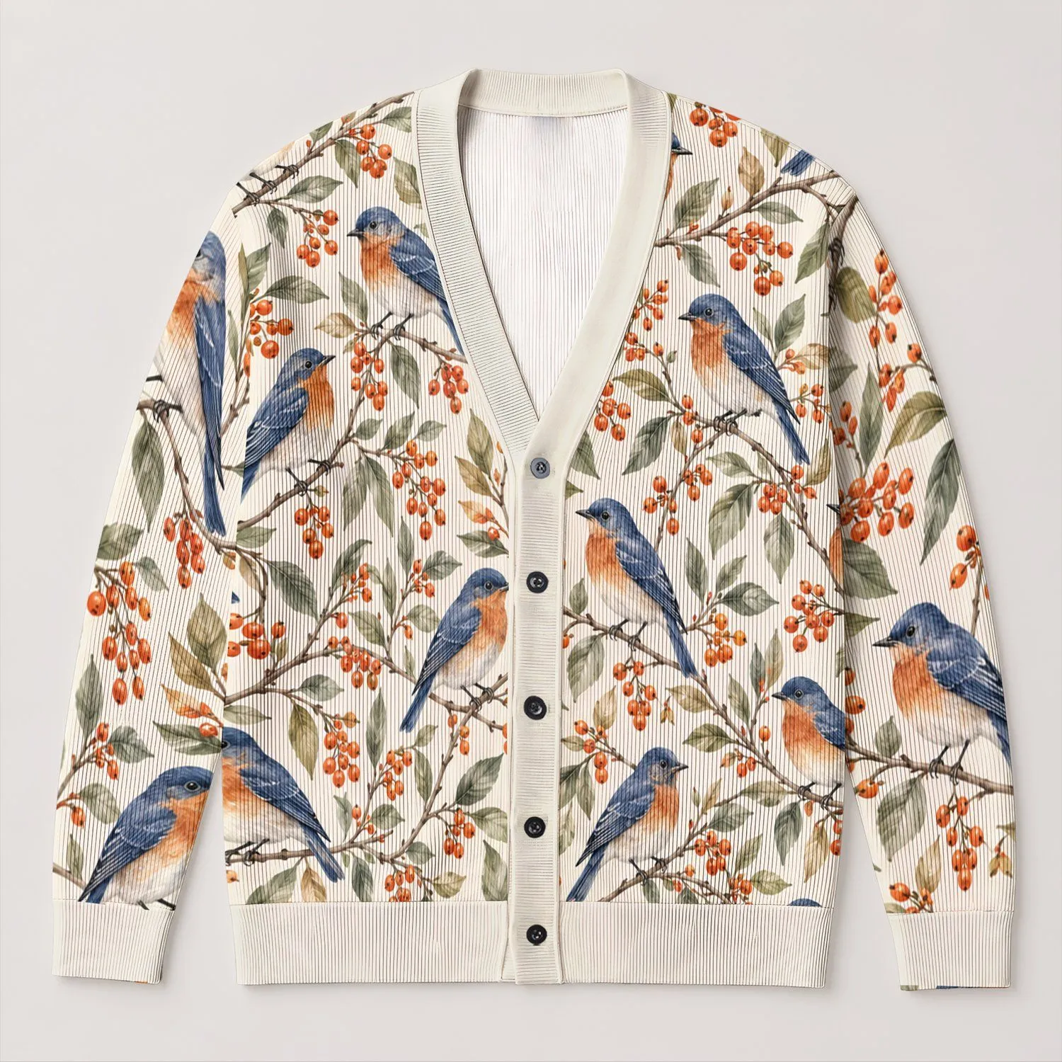 Songbird Berry Motif for Casual Layering, Nature Lovers and Everyday Weekend Outings All-over Print Knitted Cardigan - 1