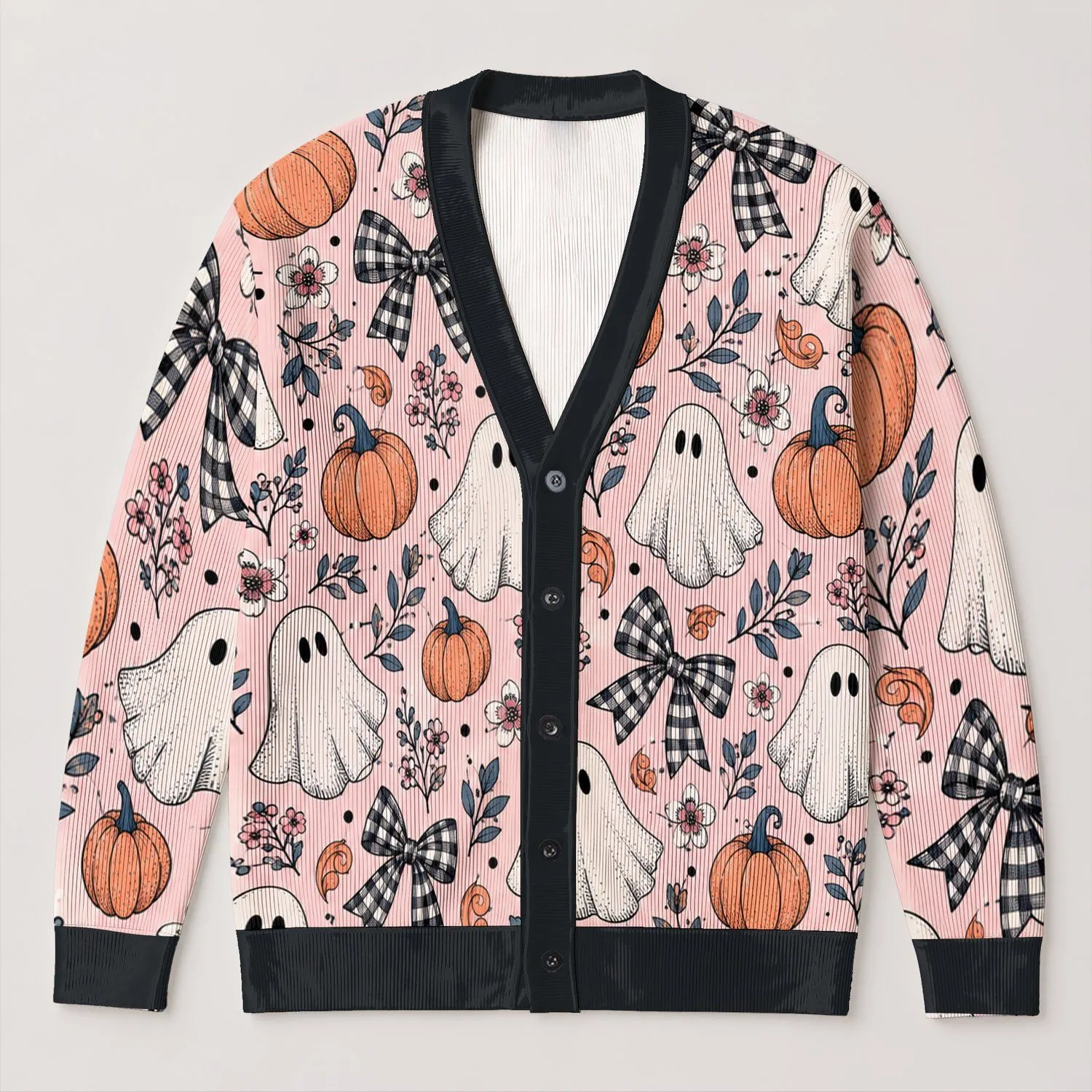Halloween Ghost Pumpkin Bow Whimsy for Cozy Fall Outings and Casual Weekend Layering All-over Print Knitted Cardigan - 1