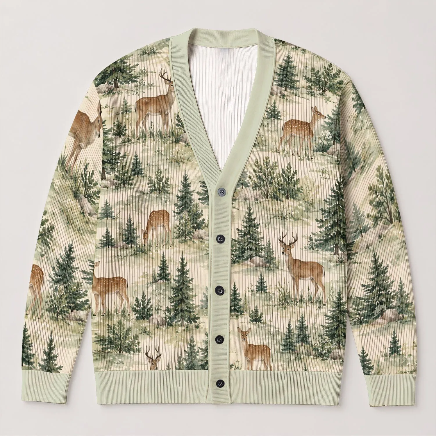 Forest Deer And Pine Tree Winter Scene For Rustic Autumn Layering, Nature Lovers All-over Print Knitted Cardigan - 1