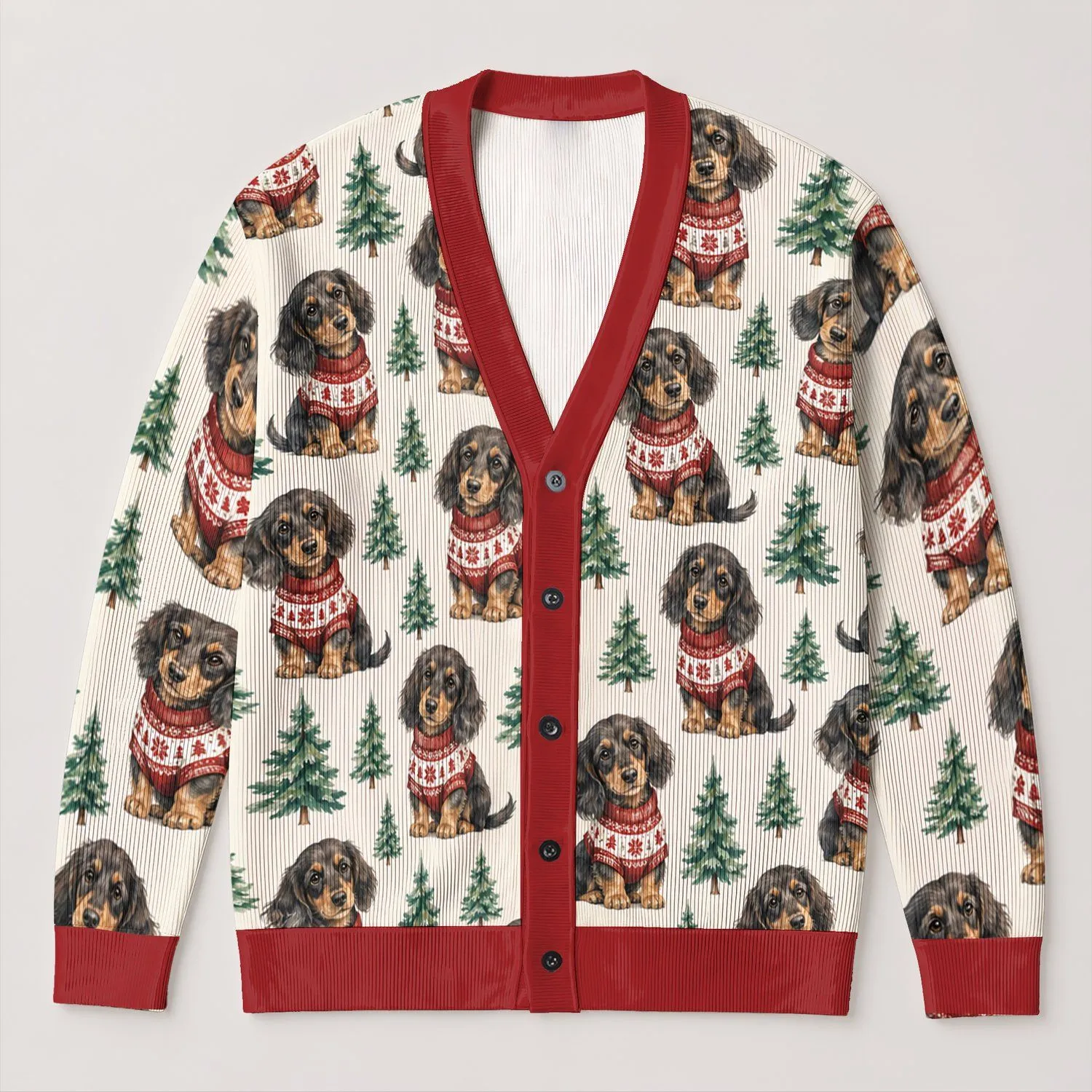 Dachshund Christmas Trees for Cozy Holiday Layering and Festive Winter Outings All-over Print Knitted Cardigan - 1