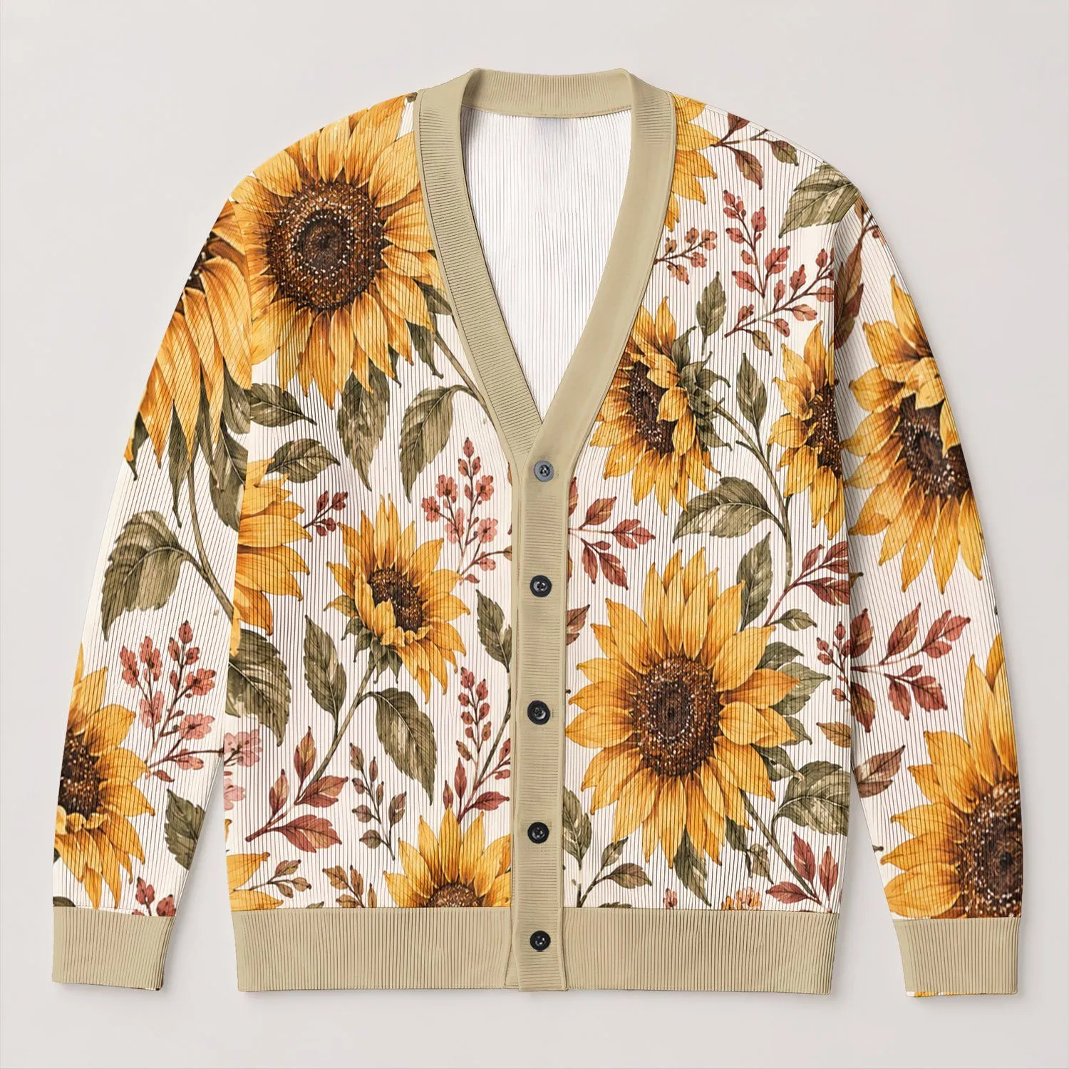 Golden Sunflowers and Autumn Leaves for Cozy Layering, Plus Size Weekend Lifestyle All-over Print Knitted Cardigan - 1