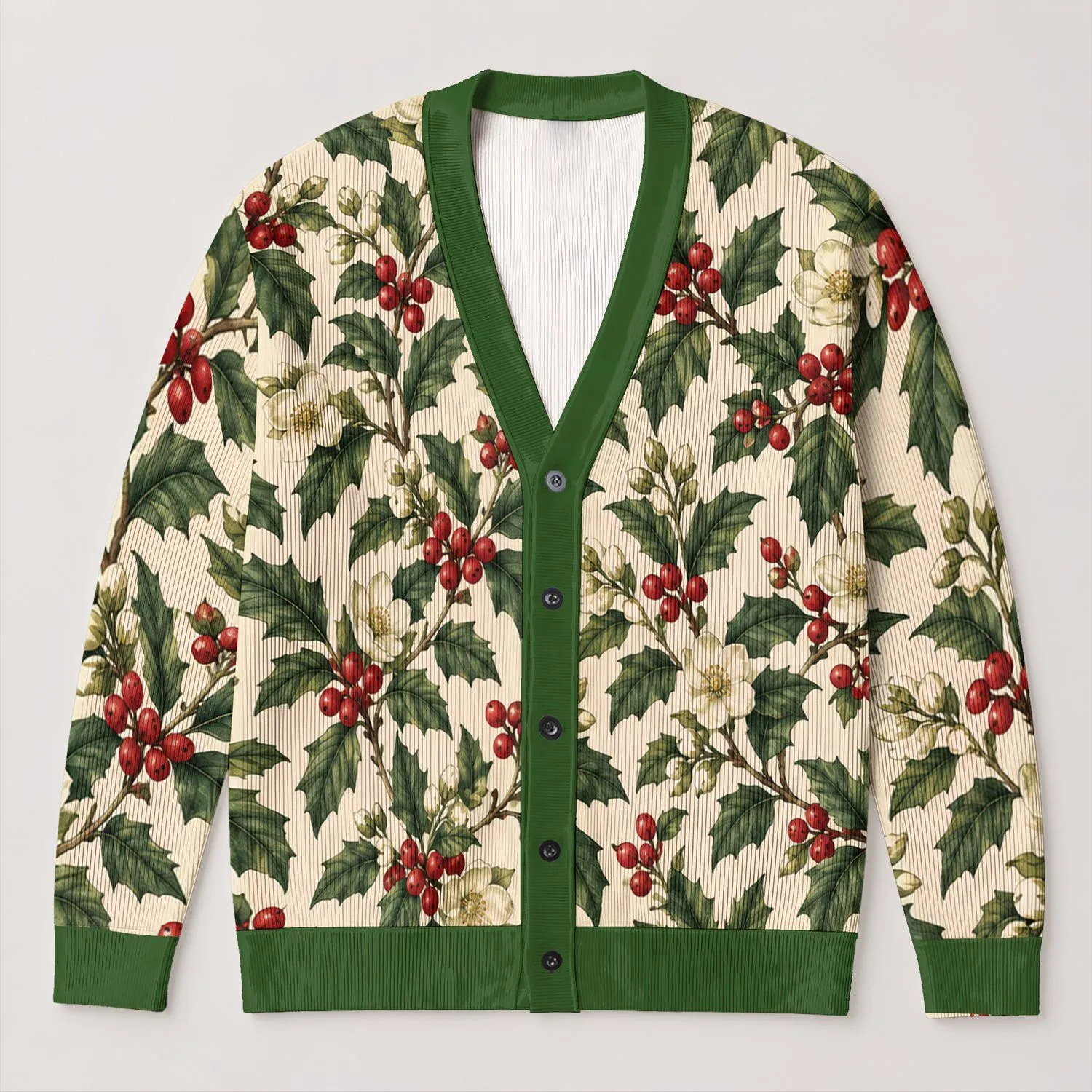 Holly Berry Botanical Motif for Festive Holiday Layering and Cozy Winter Gatherings All-over Print Knitted Cardigan - 1