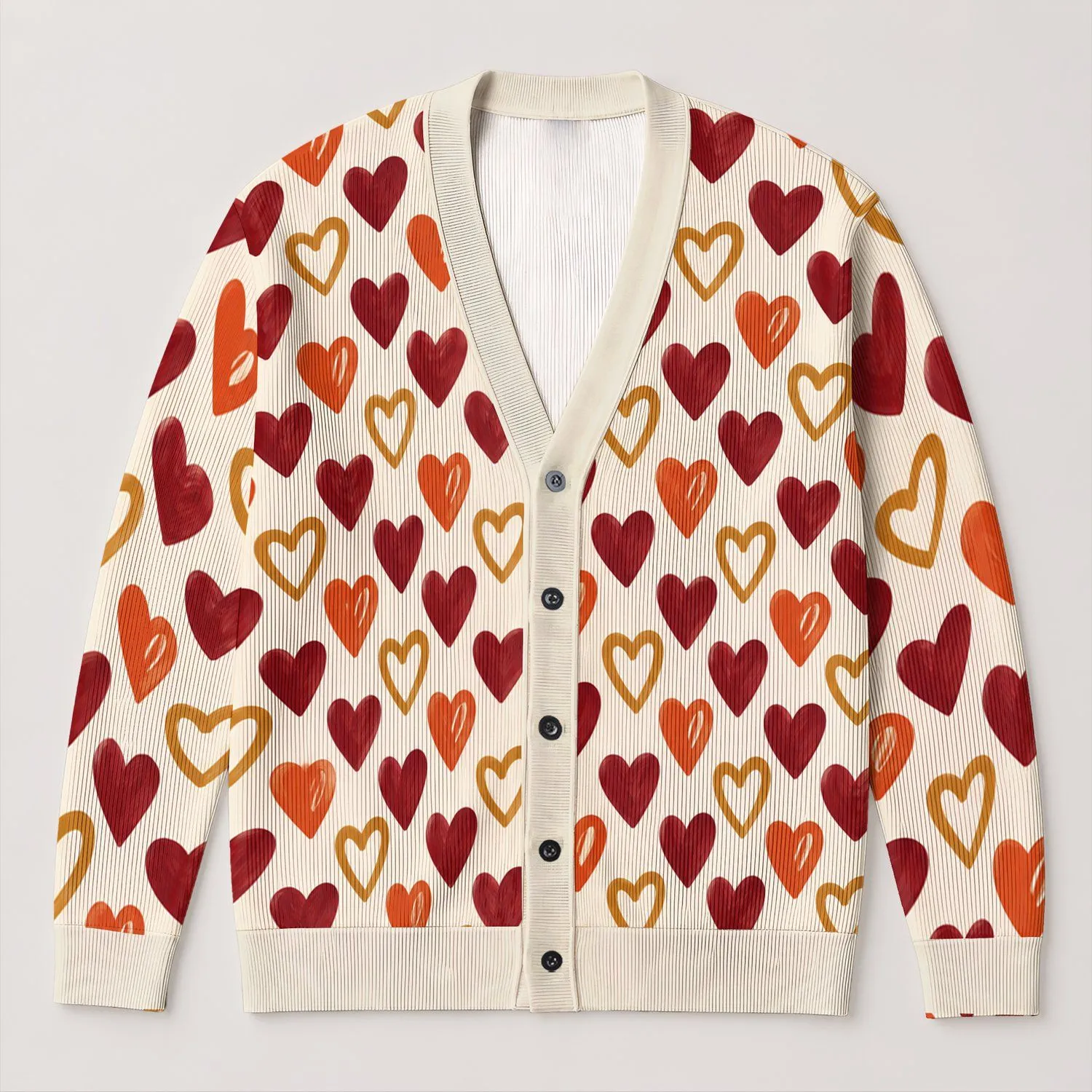 Multicolor Heart Motifs for Cozy Holiday Layering and Everyday Romantic Winter Wear All-over Print Knitted Cardigan - 1