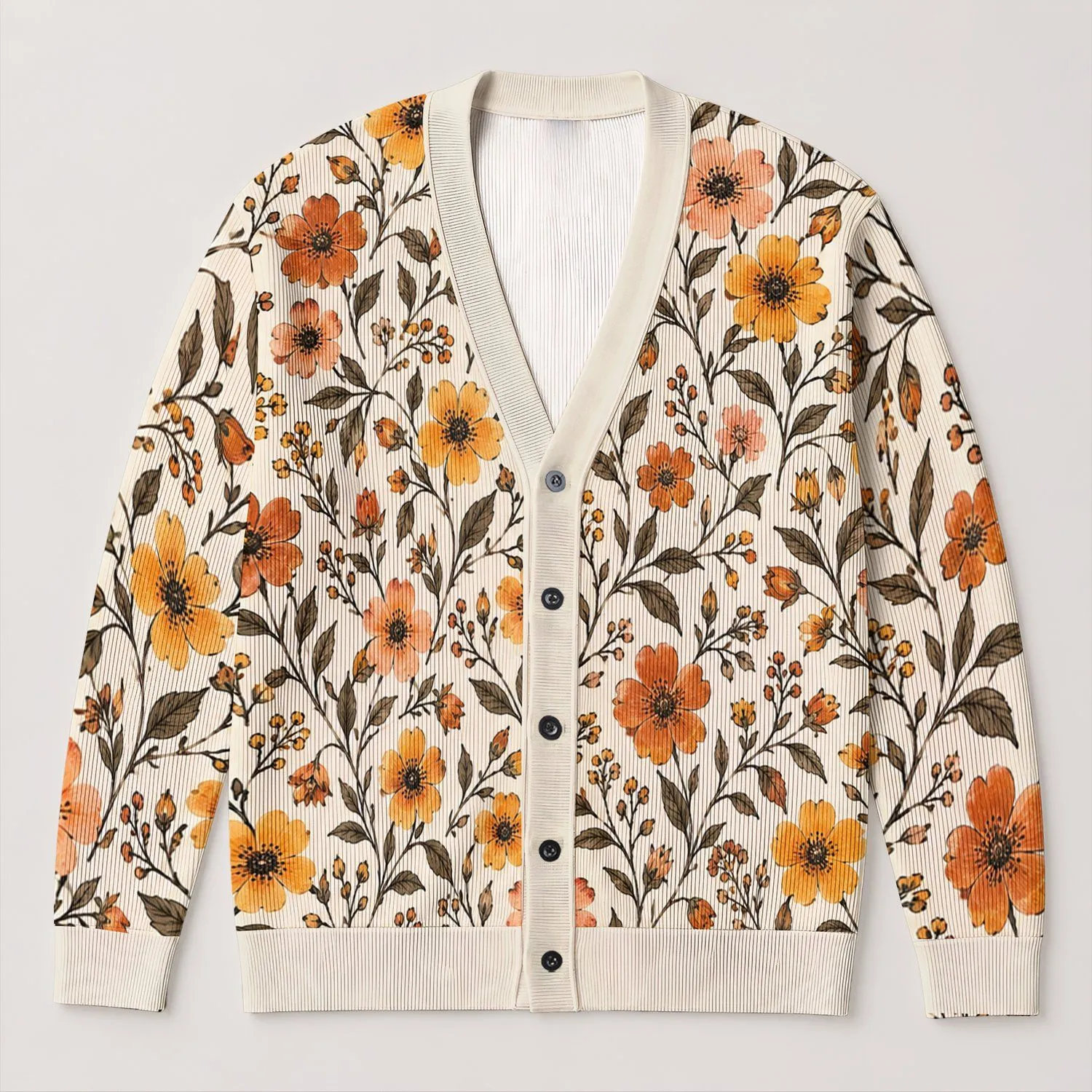 Orange Wildflower Botanical Blooms for Cozy Autumn Layering and Everyday Cottage Style All-over Print Knitted Cardigan - 1