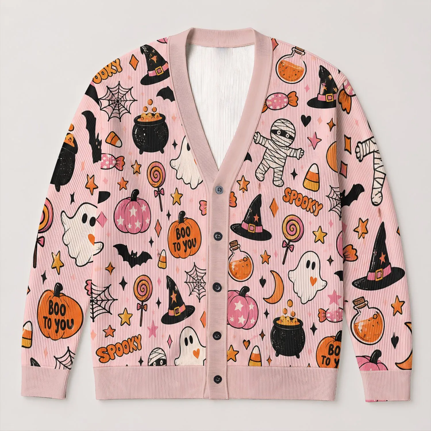 Halloween Pumpkin Ghost Bat Treats For Festive Autumn Layering Women’s Casual Style All-over Print Knitted Cardigan - 1