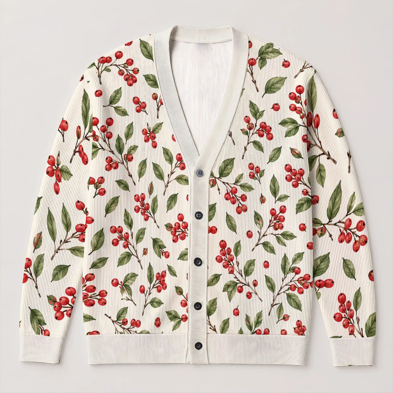 Red Berry Botanical Foliage for Cozy Autumn Layering and Nature-Loving Women’s Style All-over Print Knitted Cardigan - 1