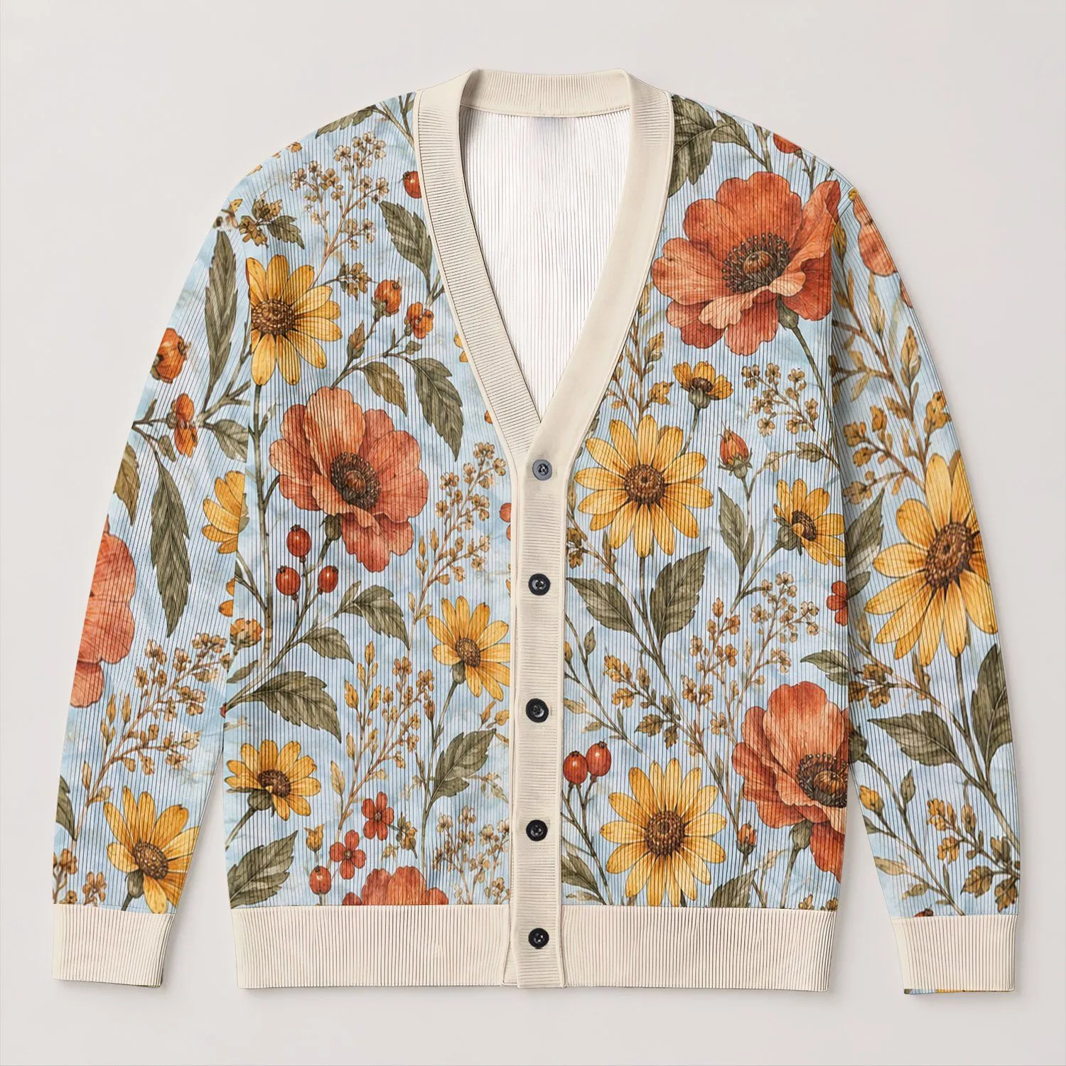 Autumn Wildflower Garden Blooms For Everyday Layering, Weekend Travel, And Brunch All-over Print Knitted Cardigan - 1