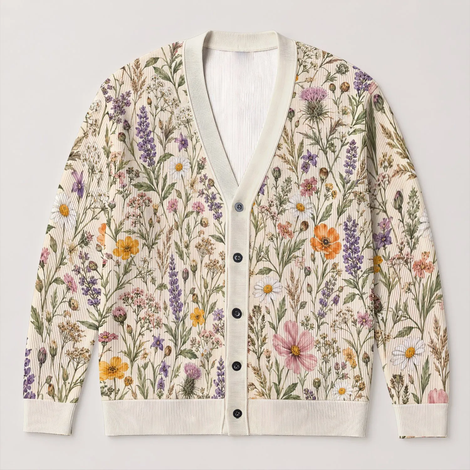 Wildflower Meadow Blooms for Spring Layering, Lavender Floral Style for Everyday Women All-over Print Knitted Cardigan - 1
