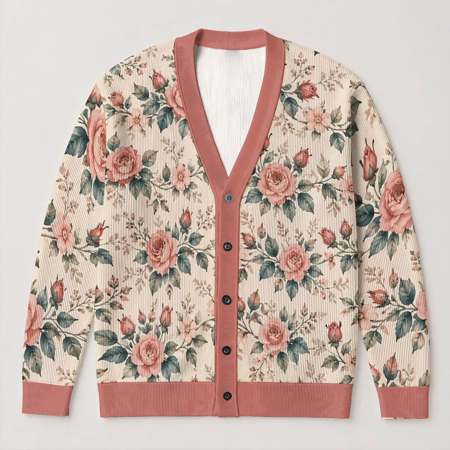 Delicate Pink Rose Blooms For Spring Layering And Feminine Everyday Garden Style All-over Print Knitted Cardigan - 1