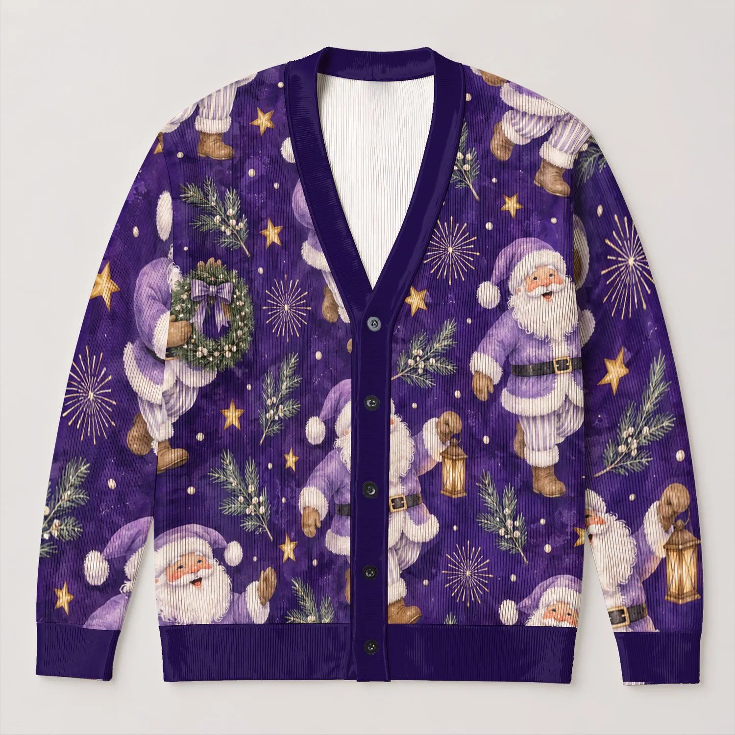 Santa Claus Holiday Cheer With Purple Stars For Festive Everyday Layering For Women All-over Print Knitted Cardigan - 1