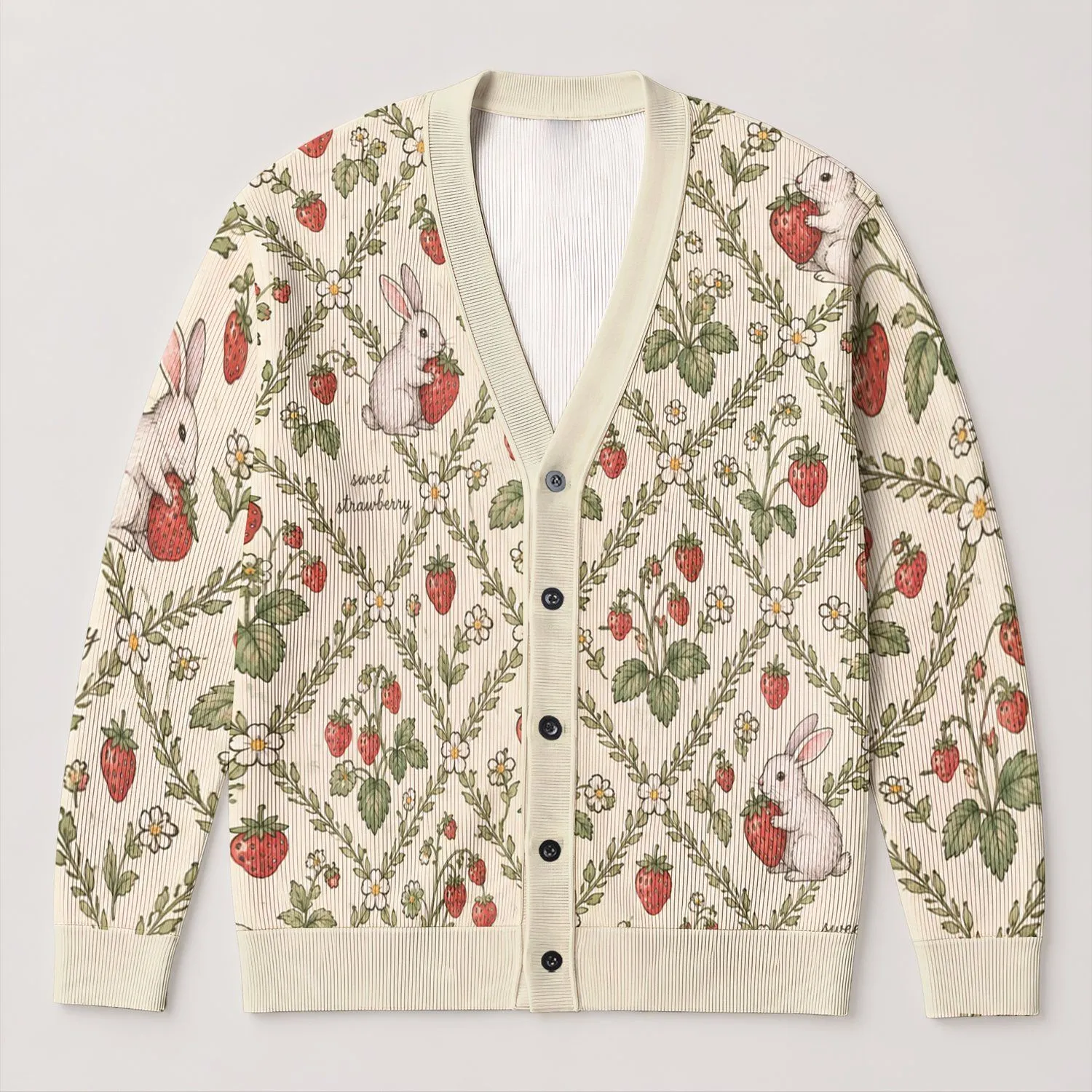 Cute Bunny Strawberry Garden Motifs For Cozy Everyday Layering And Spring Outings All-over Print Knitted Cardigan - 1