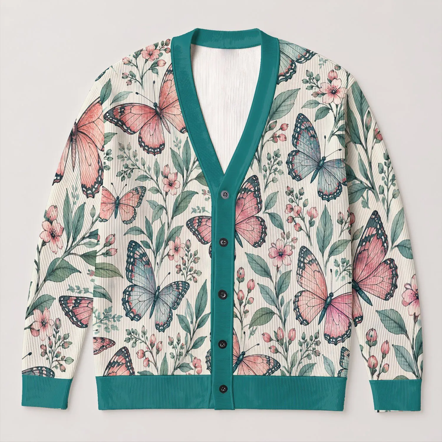 Pink Teal Butterfly Garden for Everyday Layering and Cottagecore Spring Weekend Style All-over Print Knitted Cardigan - 1