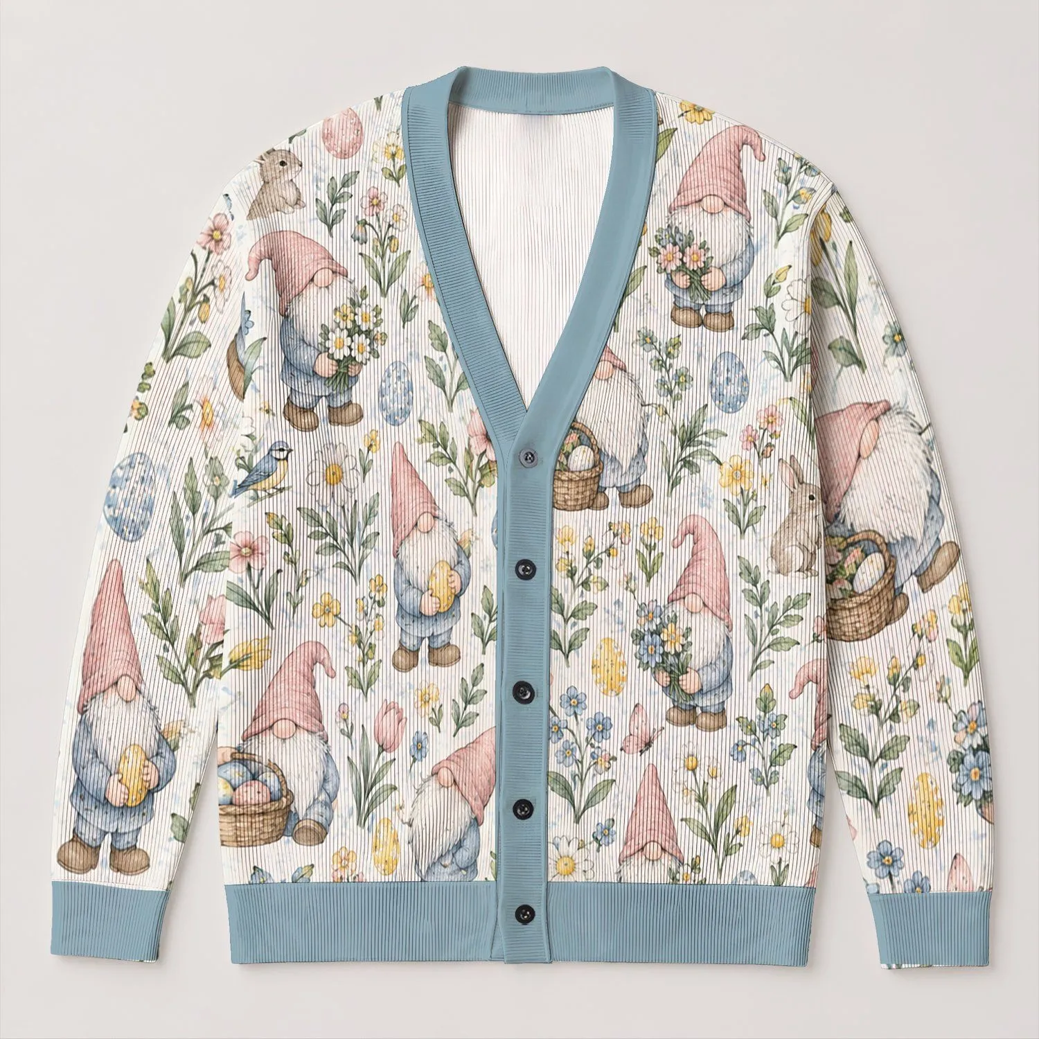 Whimsical Garden Gnomes and Easter Eggs for Cheerful Spring Layering for Women at Home All-over Print Knitted Cardigan - 1