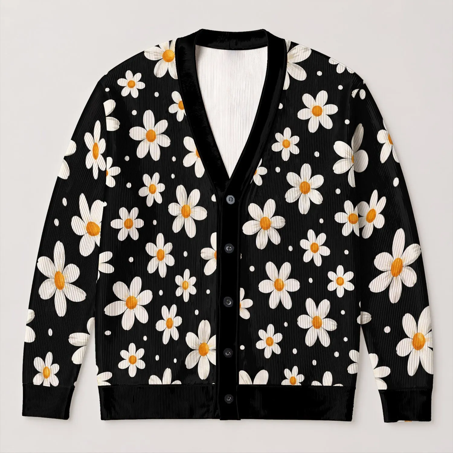 White Daisy Blooms on Black for Everyday Layering and Year-Round Casual Style for Women All-over Print Knitted Cardigan - 1