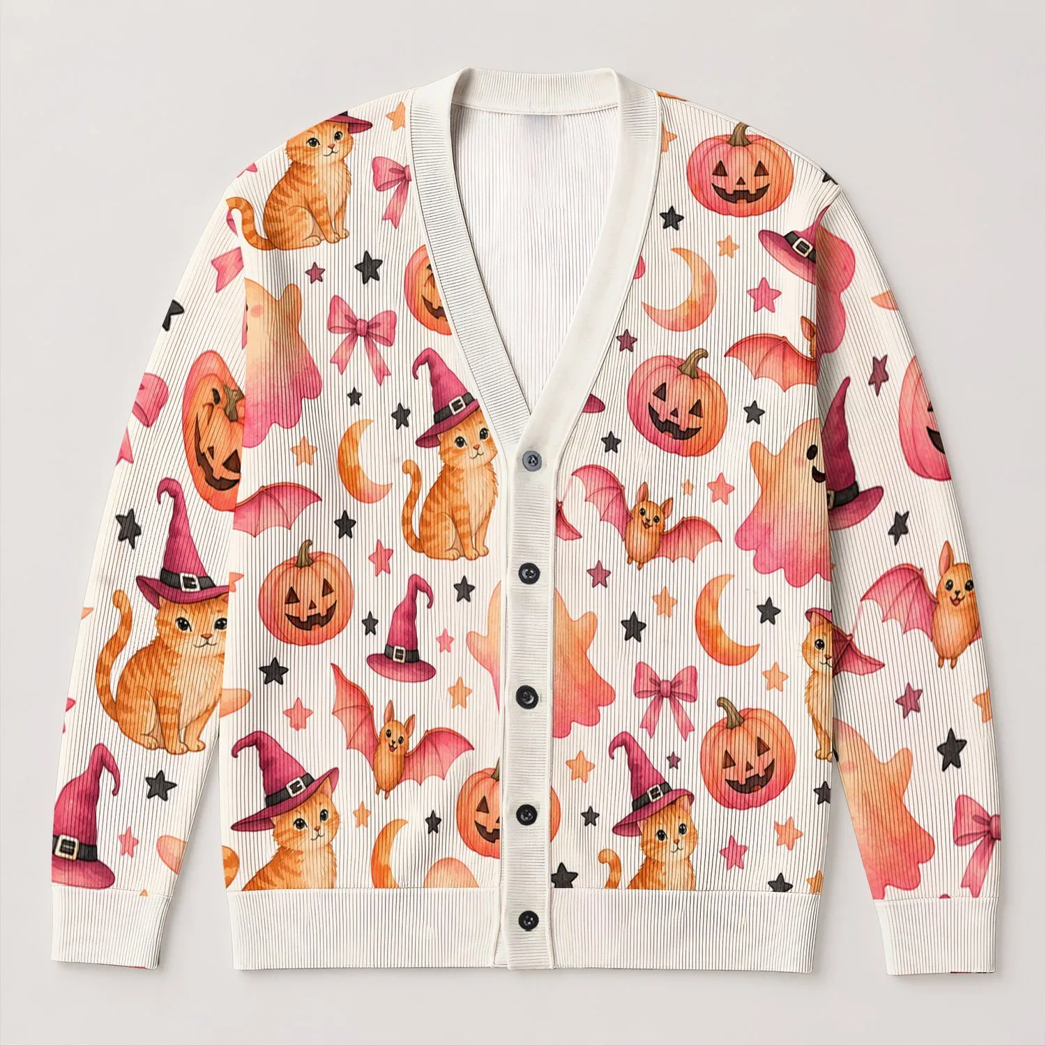 Cute Halloween Ghosts, Cats and Bats for Cozy Autumn Outings and Festive Gatherings All-over Print Knitted Cardigan - 1