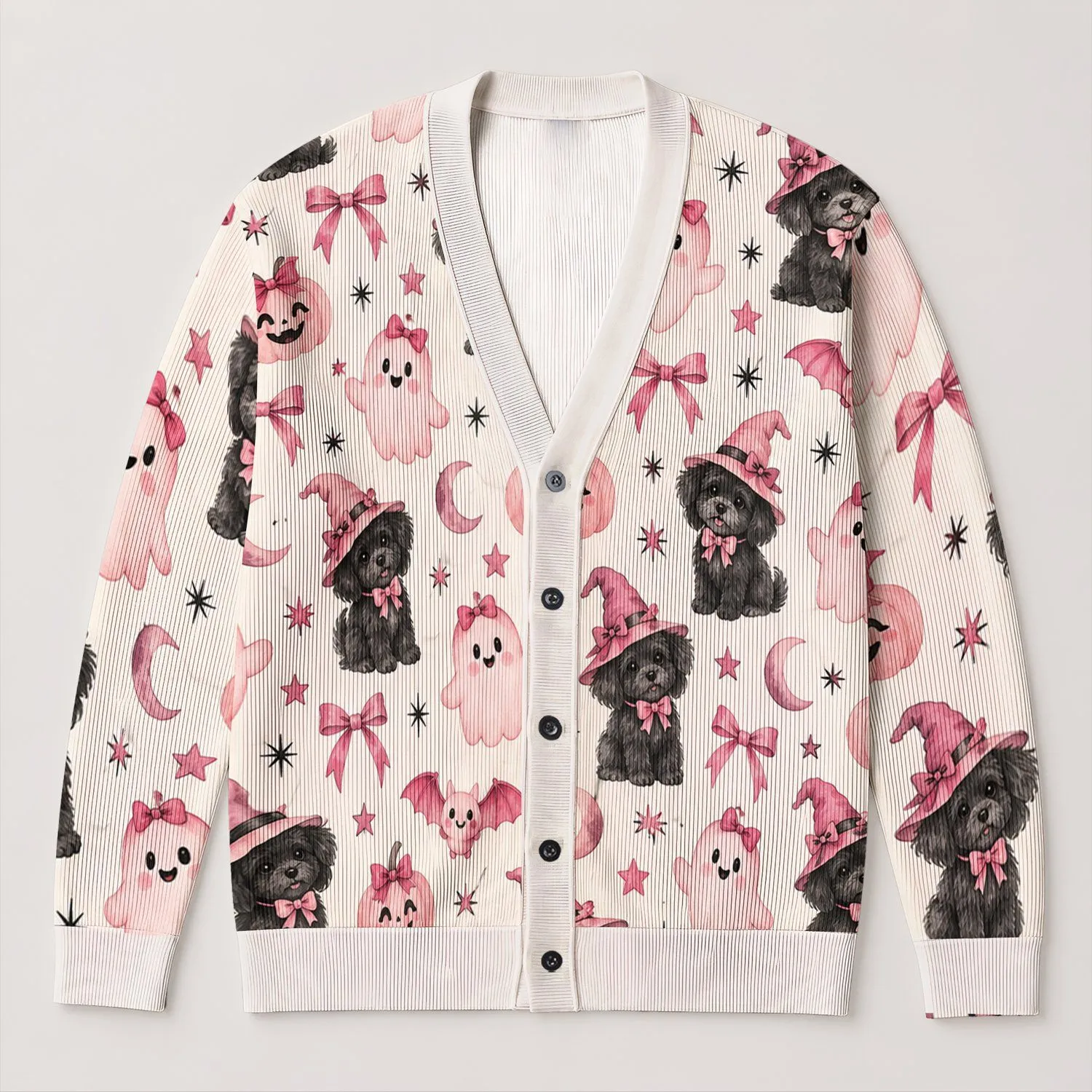 Pink Halloween Dogs, Bats and Ghosts for Cozy Autumn Layering for Women Dog Lovers All-over Print Knitted Cardigan - 1