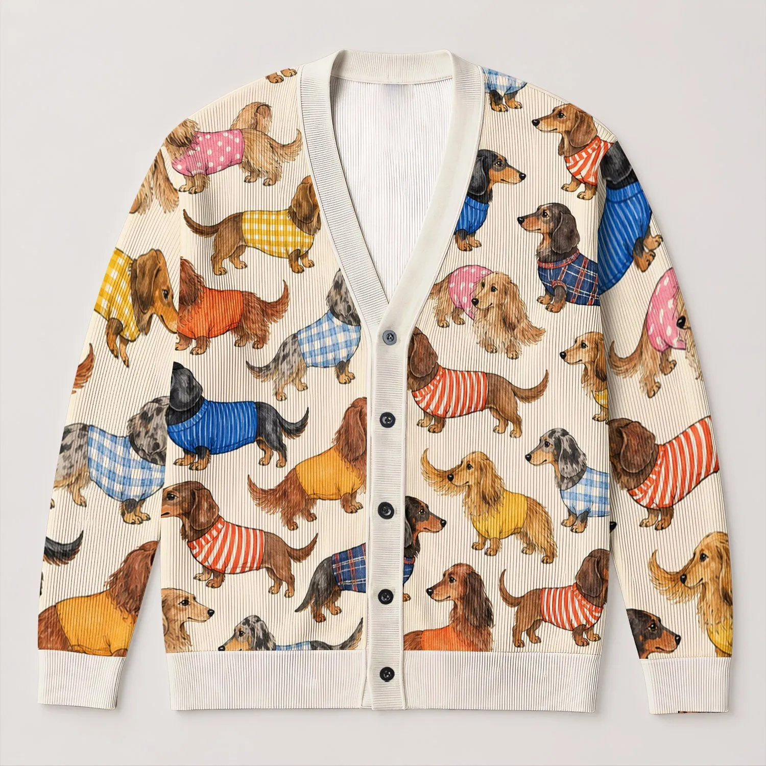 Colorful Dachshund Sweaters For Cozy Vacation Days And Casual Everyday Layering Style All-over Print Knitted Cardigan - 1