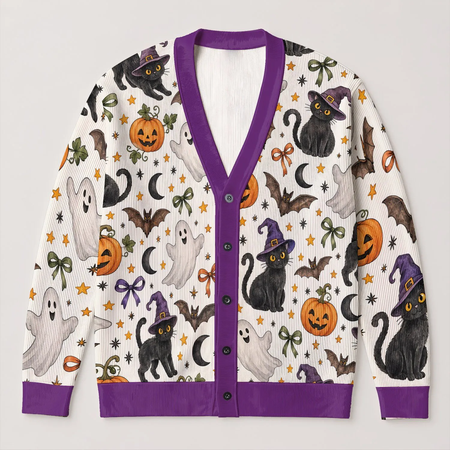 Halloween Cats Ghosts and Bats for Festive Autumn Evenings and Cozy Everyday Wear All-over Print Knitted Cardigan - 1